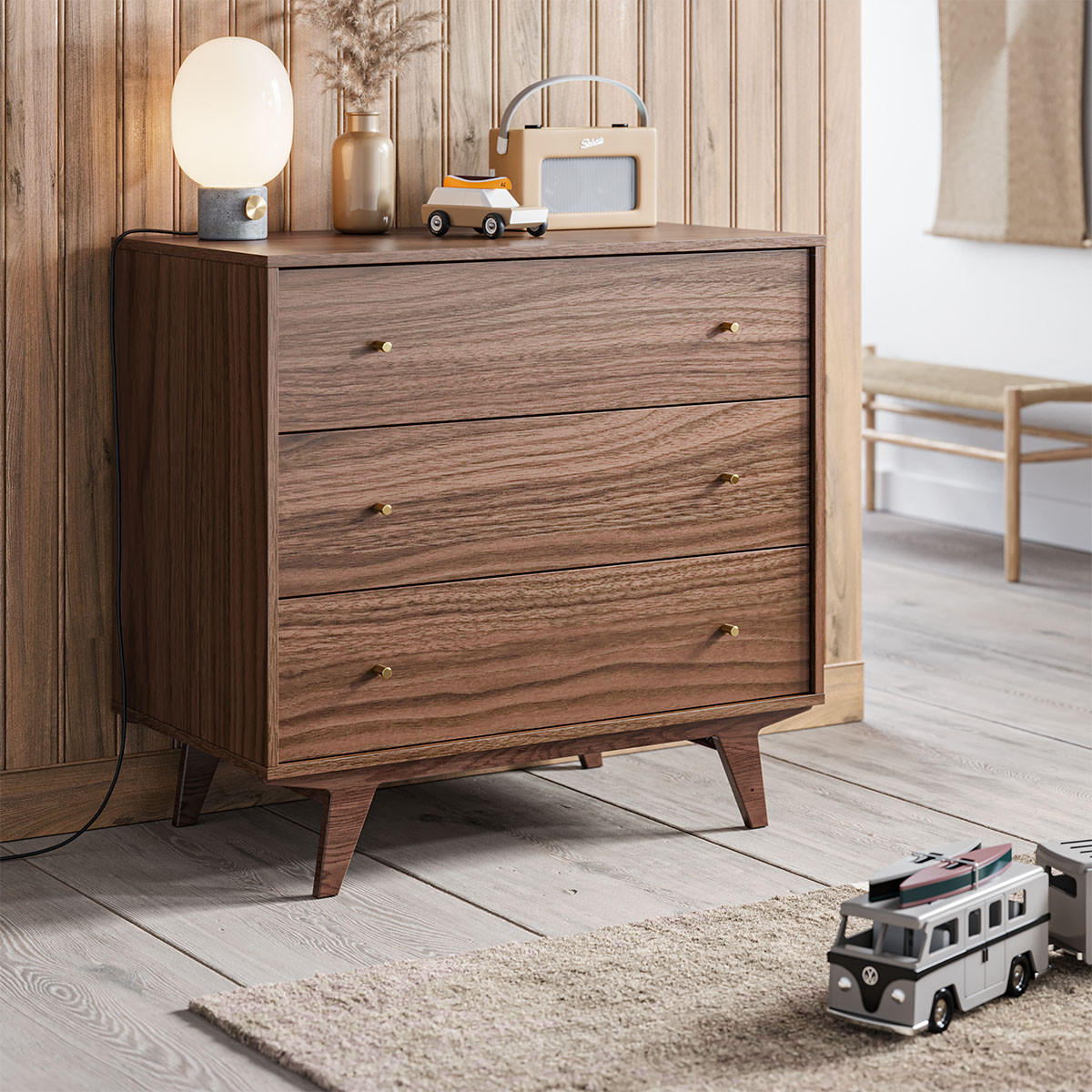 KOMMODE 3 Schubladen Mid - L90 cm - Nussbaumfarben, Holzwerkstoff (50/85/90cm) - Calicosy