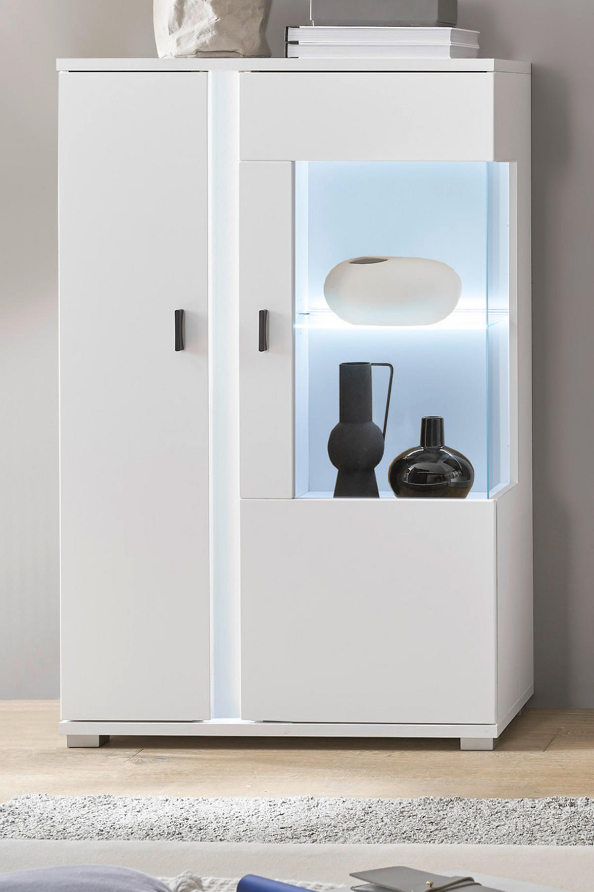 VITRINE weiß matt, Highboard inklusive Frontbeleuchtung 80 x 125 cm - Silberfarben/Schwarz, Glas/Holzwerkstoff (80/125/35cm) - Furn.Design
