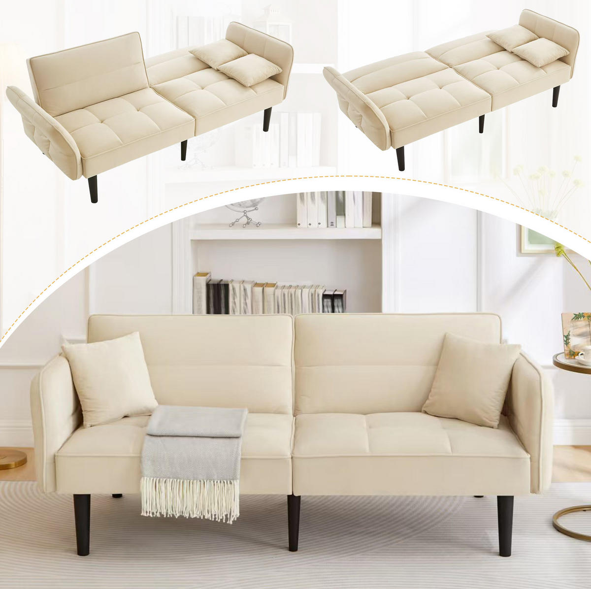 SCHLAFSOFA 2-Sitzer Samtbezug mit verstellbaren Rückenlehnen und klappbaren Armlehnen Beige 176/78/76 cm - Beige, Textil (78/76/176cm) - Redom