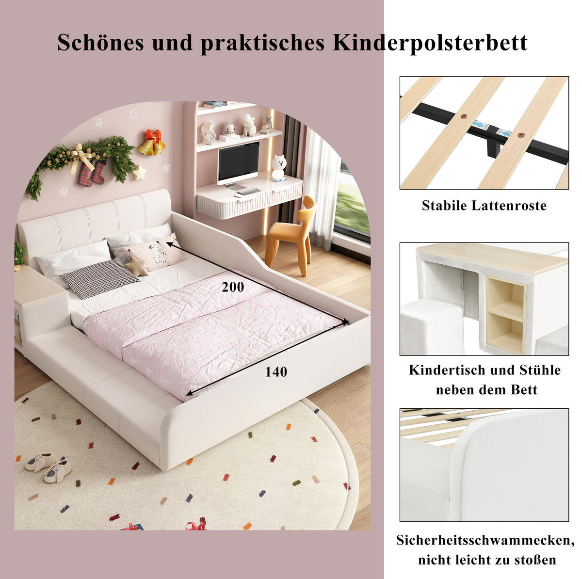 POLSTERBETT 140/200 cm Weiß aus Samt mit Schreibtisch und Hocker - Weiß, Textil (140/200cm) - OKWISH