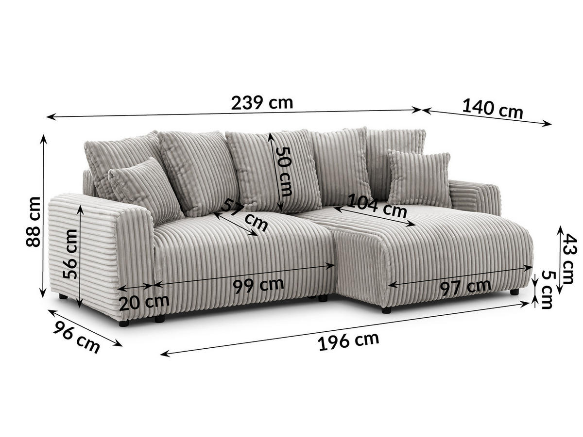 ECKSOFA Calma mit Schlaffunktion und Bettkasten im Bumpy-Design aus weichem Taupe Plüschcord - Ottomane rechts - Taupe/Schwarz, Holz/Kunststoff (140/239cm) - S-Style