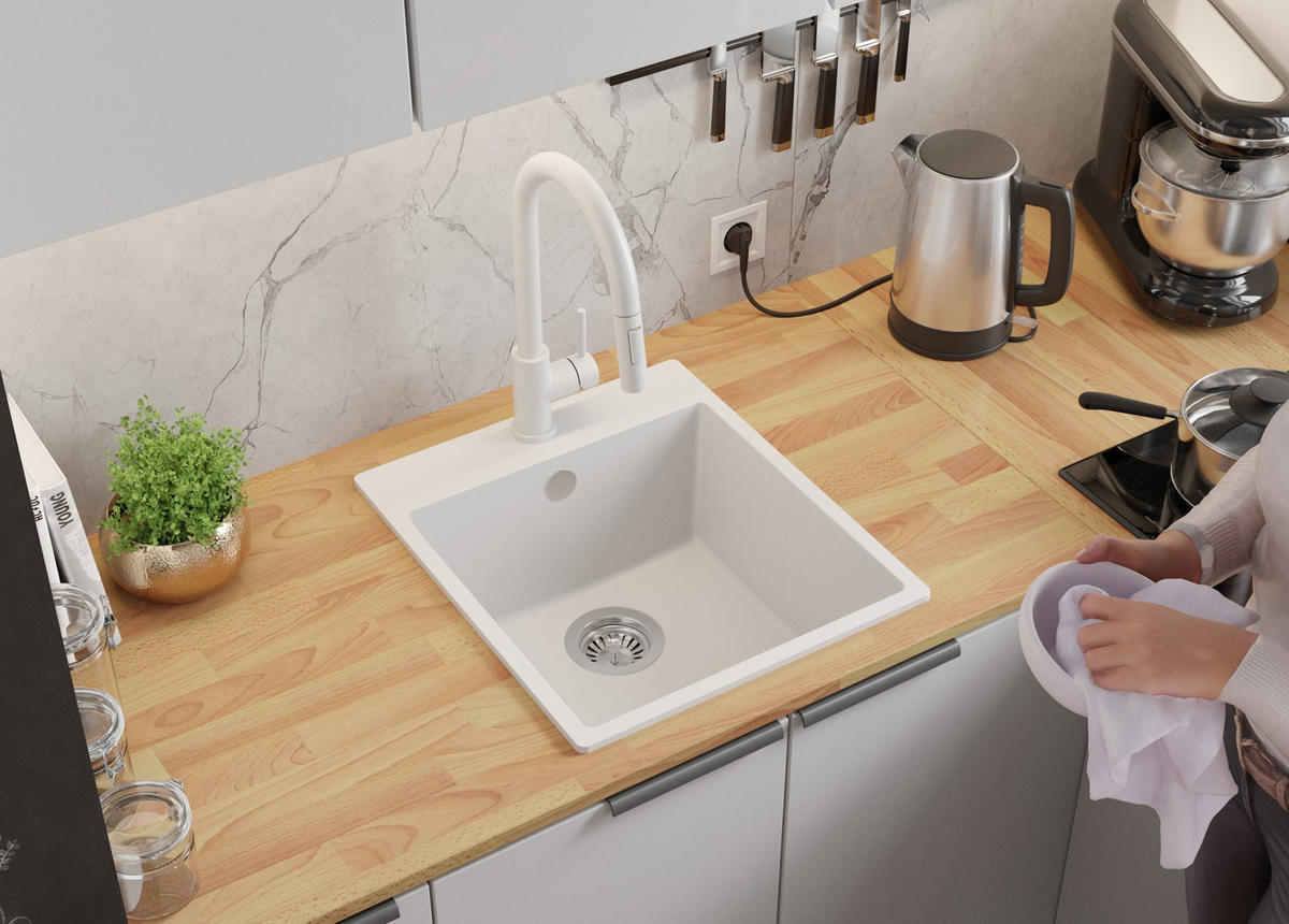 GRANITSPÜLE Riga, 2-er set Alles Weiß 43/50 cm 1 Becken + Küchenarmatur 32/20 cm + Ablauf-Set ab 45er Unterschrank - Weiß, Kunststoff (43/20/50cm) - Primagran