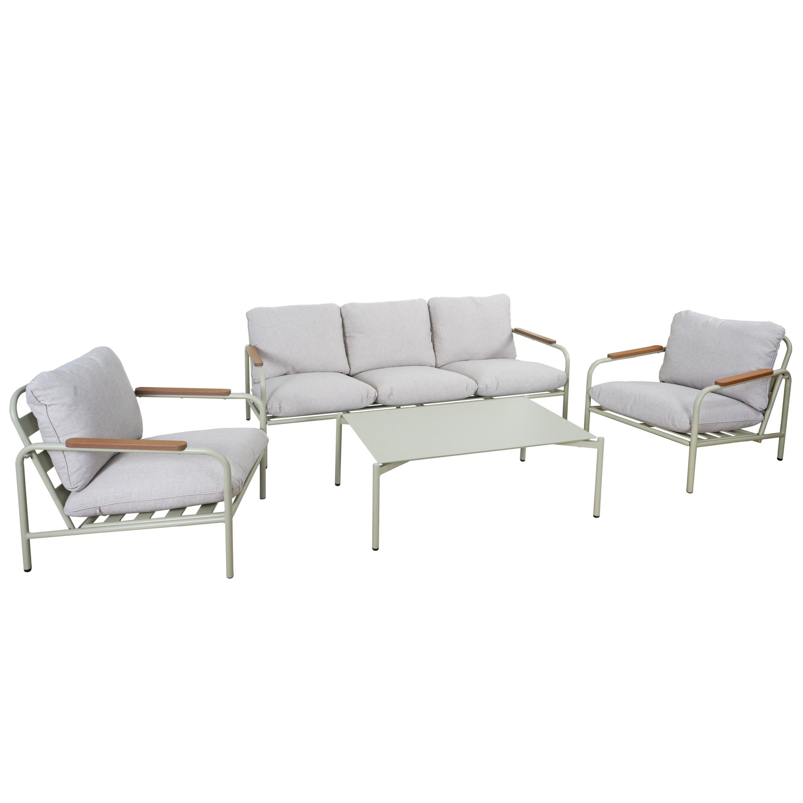 GARTENGARNITUR Hellgrün, Beige 1x 3-Sitzer Gartenbank, 2x Sessel und 1x Tisch-Set - Beige/Hellgrün, Metall - MCW