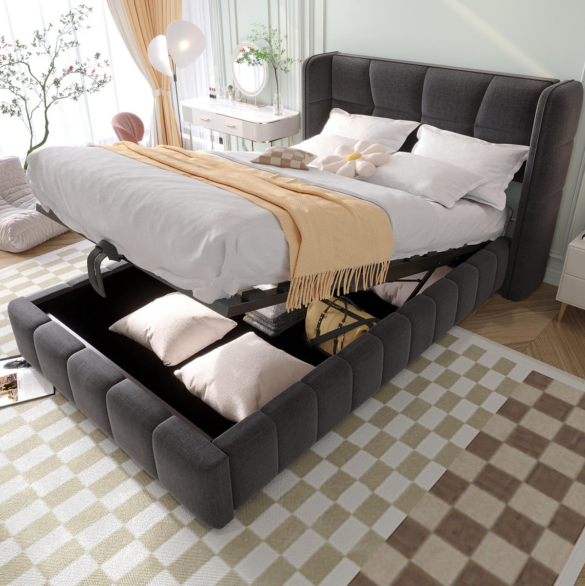 ČALÚNENÁ posteľ z látky 90x200 cm sivá s úložným priestorom, výklopným systémom a čalúneným čelom - sivá, textil (90/200cm) - Modfu