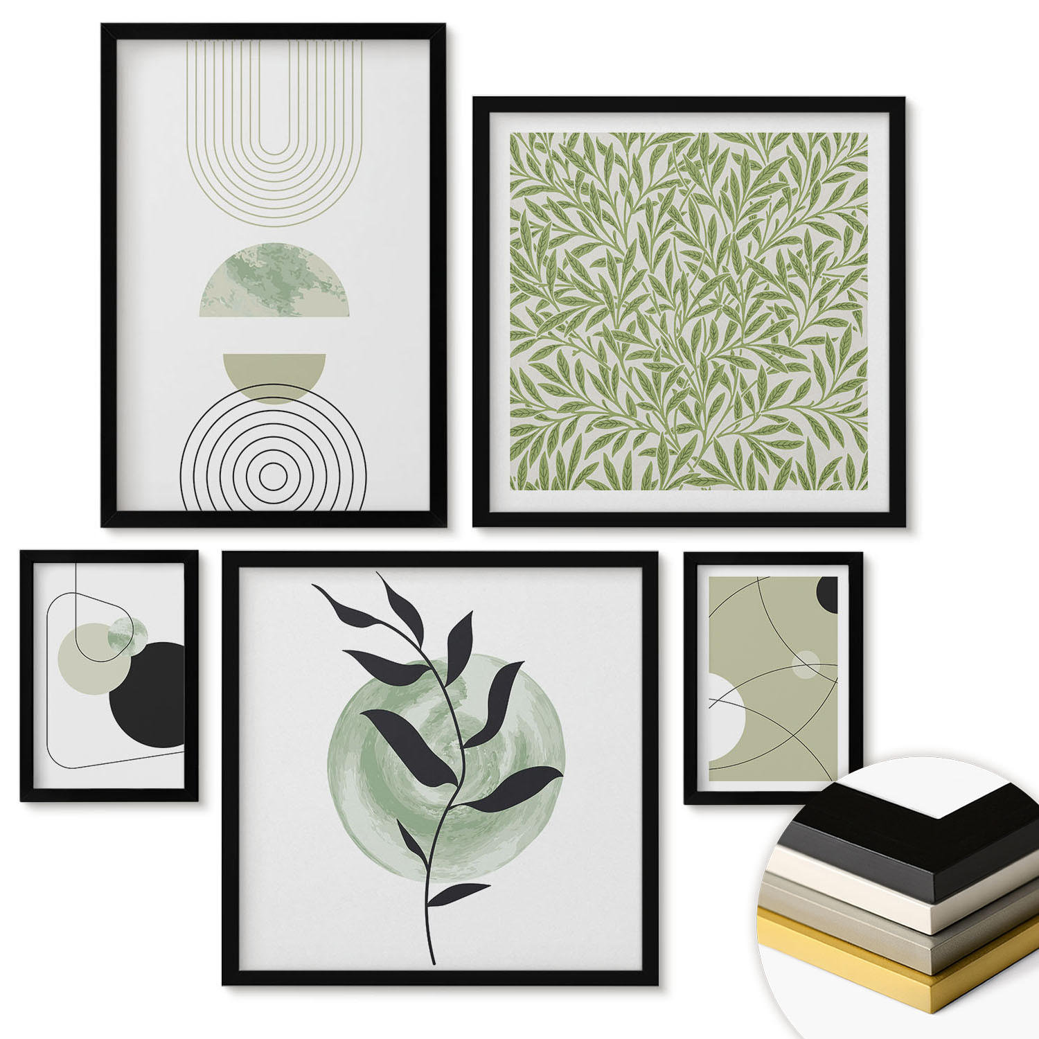 WANDBILDER 5er-Set - 50x50 cm & 20x30 cm & 40x60 cm Schwarzer Rahmen - Abstrakte Formen und Farben - Schwarz, Kunststoff (40/60cm) - ArtPrintCave