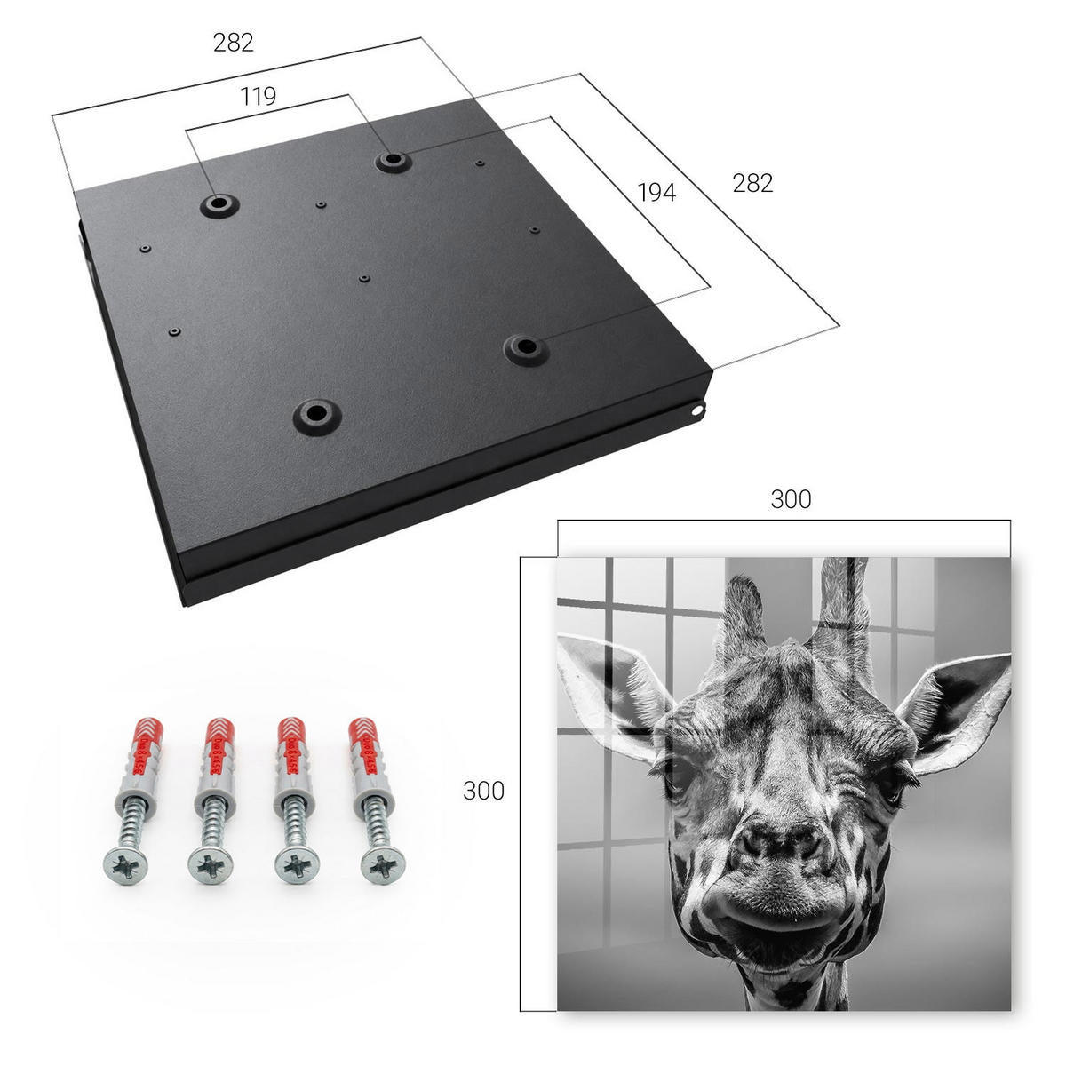 SCHLÜSSELBOX Schwarz 30x30 cm- Türöffnung nach rechts - Giraffenporträt - Grau, Metall (30/30/5cm) - TULUP