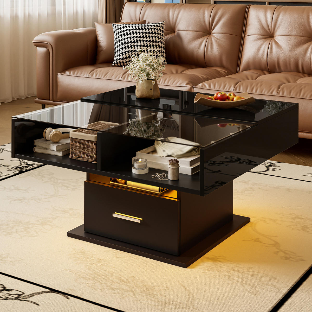 COUCHTISCH höhenverstellbar 78x78 cm Schwarz mit LED & Stauraum - Schwarz, Holzwerkstoff (78/78/45cm) - Meubliv