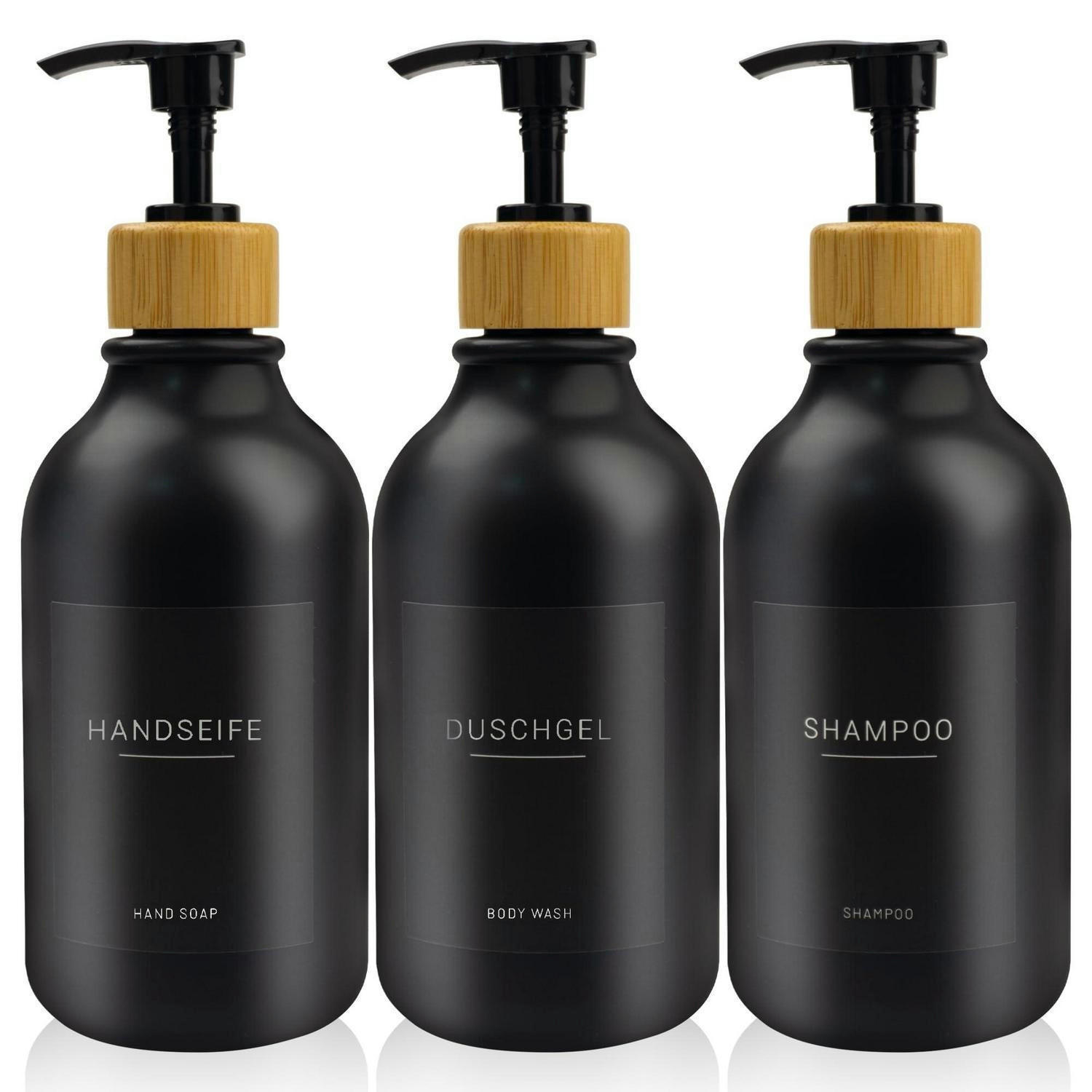 SEIFENSPENDER 3-teiliges Set 500ml PET Schwarz mit Etiketten - Schwarz, Kunststoff (7.4/19/7.4cm)