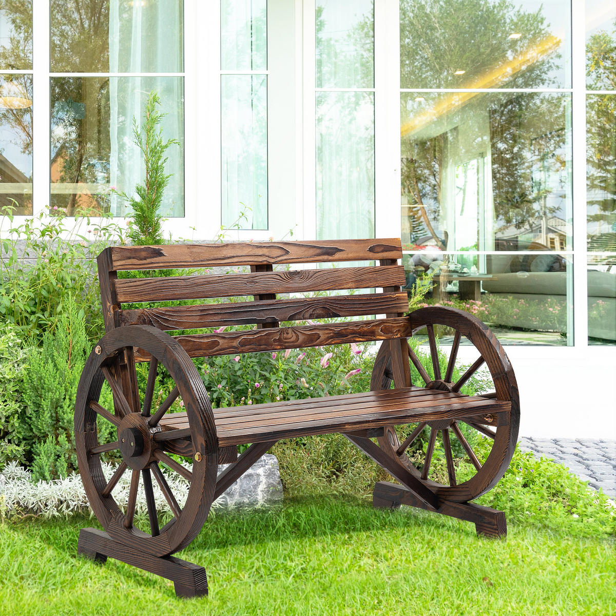 ZÁHRADNÍ LAVIČKA PRO 2 OSOBY Lavička ve stylu kolového kola, rustikální dřevěná lavička pro 2 osoby - hnědá, dřevo (56/79/105.5cm) - Outsunny