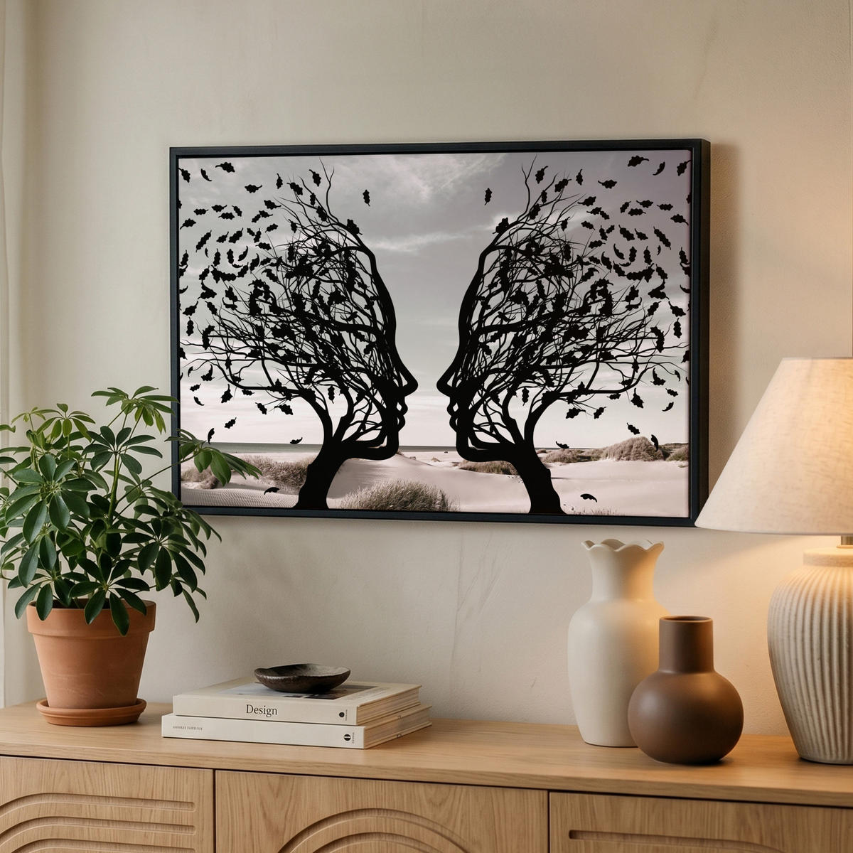 LEINWAND Bilder mit Rahmen - Strand - Meer - Menschen - Baum - Moderne Kunst - 60x40 - Hellgrau, Textil (60/40cm) - MuchoWow