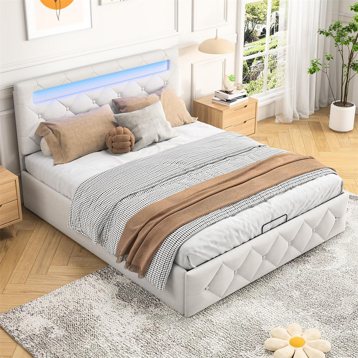 POLSTERBETT 140x200 cm - mit LED-Beleuchtung und hydraulischem Bettkasten - ohne Matratze - Samt - Creme, Textil (140/200cm) - DELFA