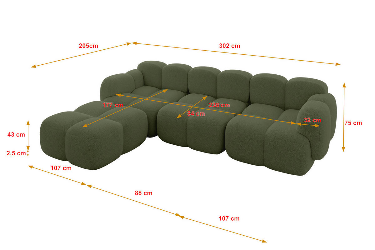 ECKSOFA modulares Sofa Links Miko-L2 302x205x75 Grün Bouclé - Smaragdgrün/Schwarz, Holzwerkstoff/Kunststoff (302/205cm) - ALTDECOR