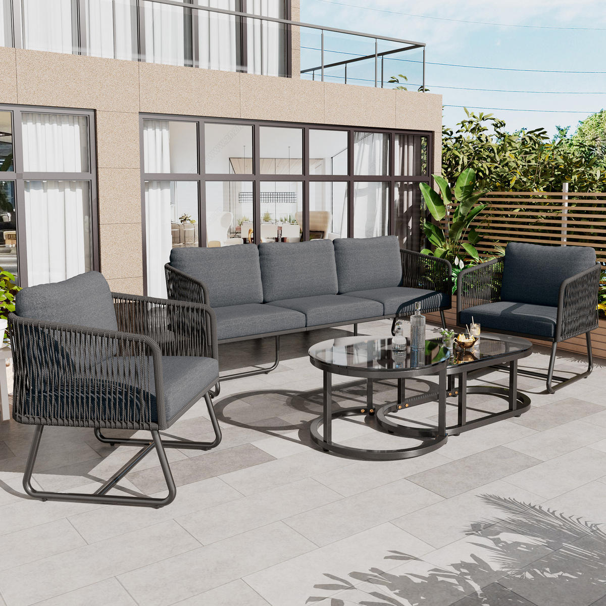 GARTEN-LOUNGE-SET 166/60/76 cm mit 3-Sitzer, 2 Sesseln, 2 Tischen aus Eisen, Seil und Glas, Grau - Grau, Metall - Redom