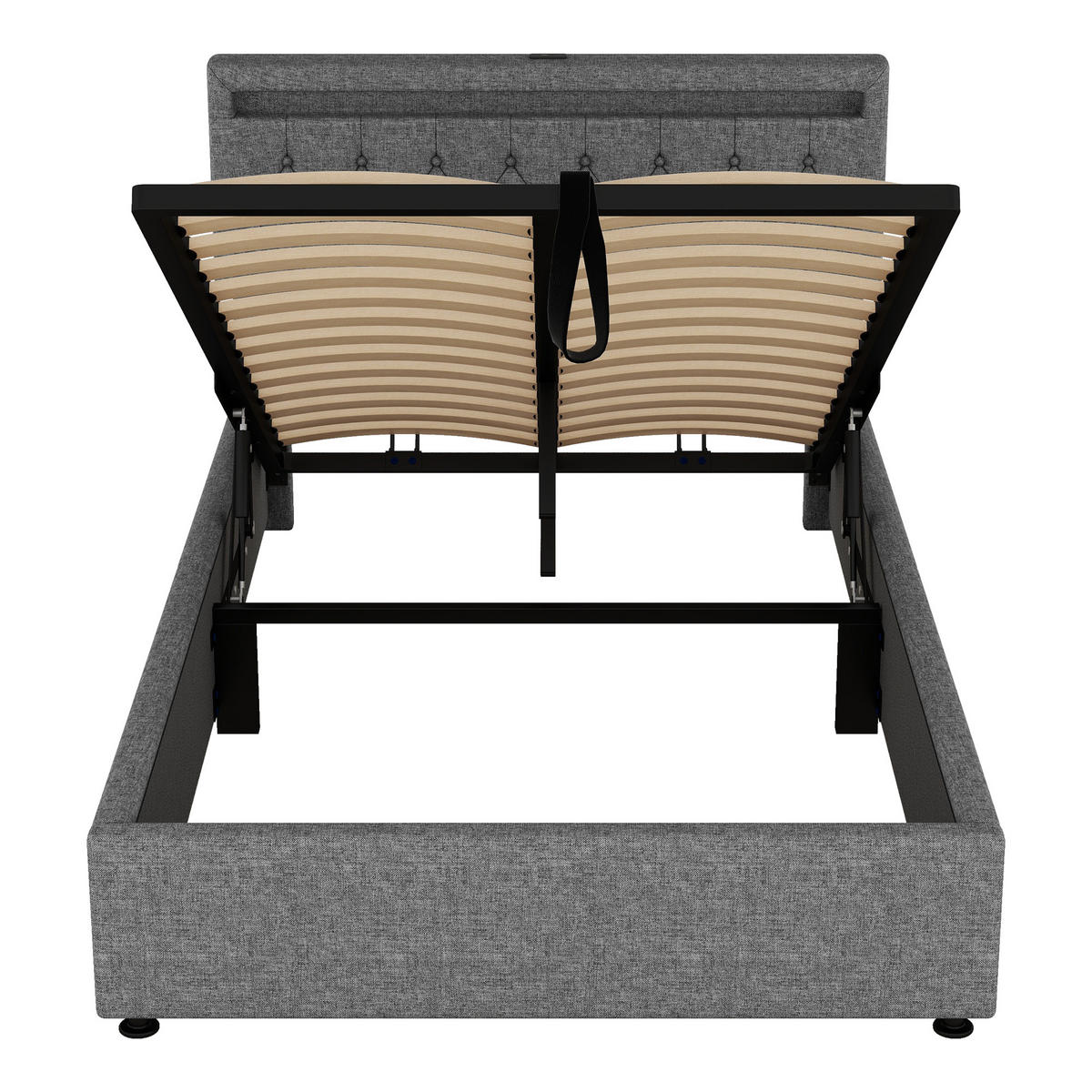 FLACHBETT 140x200cm Grau gepolstert LED Hydraulik USB-C Stauraum - Grau, Holz (140/200cm) - FLIEKS