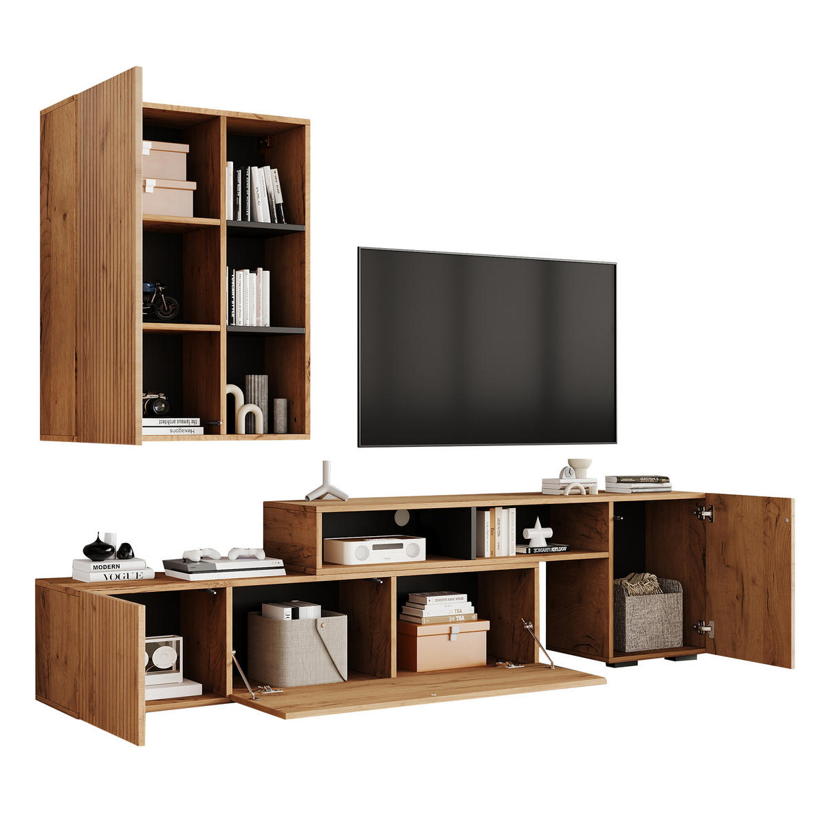 TV-MÖBEL-SET aus Spanplatte 135x35x53 cm Eiche/Schwarz mit verstellbarem TV-Lowboard und Wandschrank - Eichefarben, Holzwerkstoff (135/53.5/35cm) - IVMEU