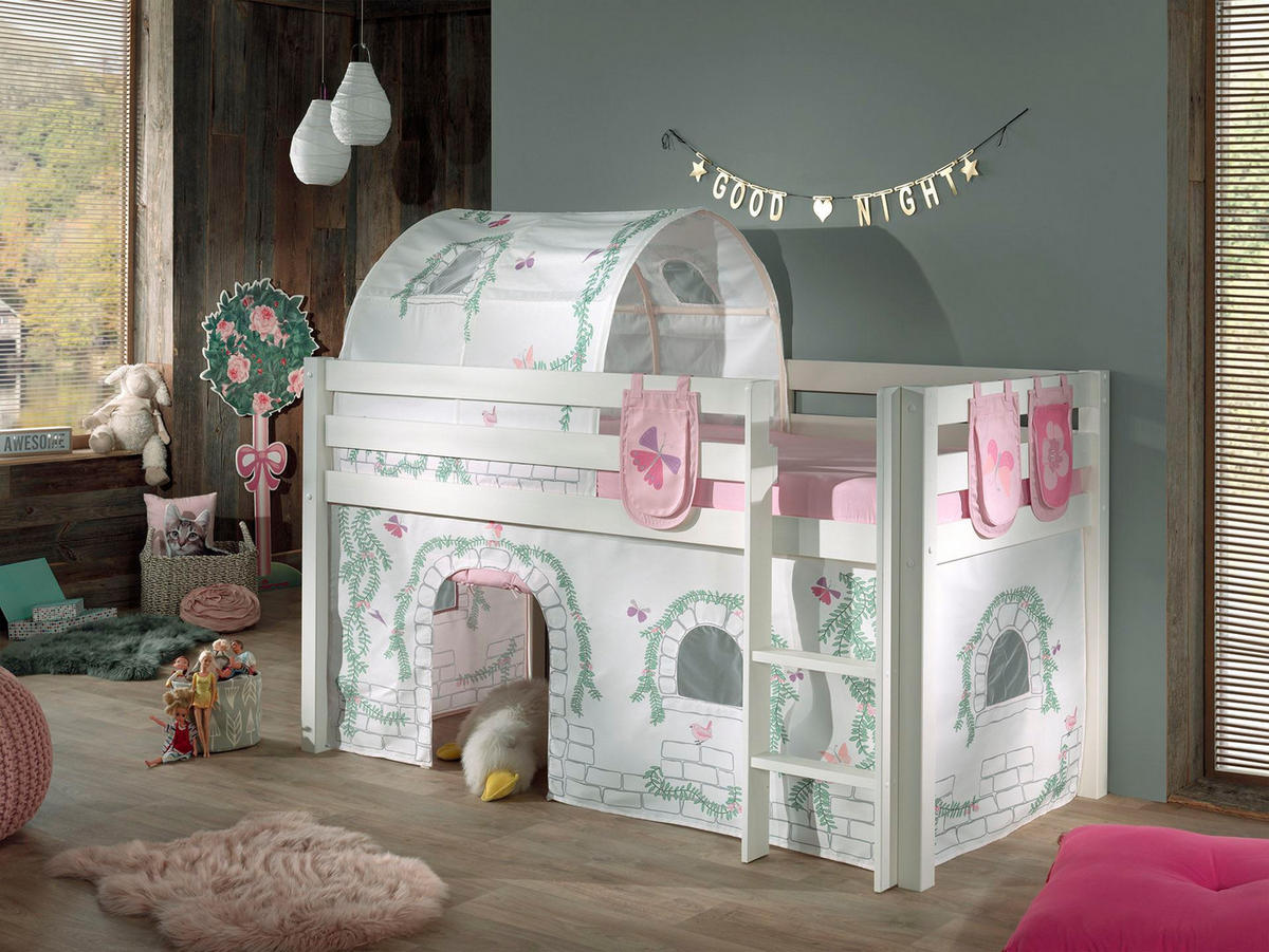 KINDERBETT Karolina 210x114x106 Massivholz Weiß Textilset Burg 4 - Hellgrau/Weiß, Holz (90/200cm) - 58aufmkessel