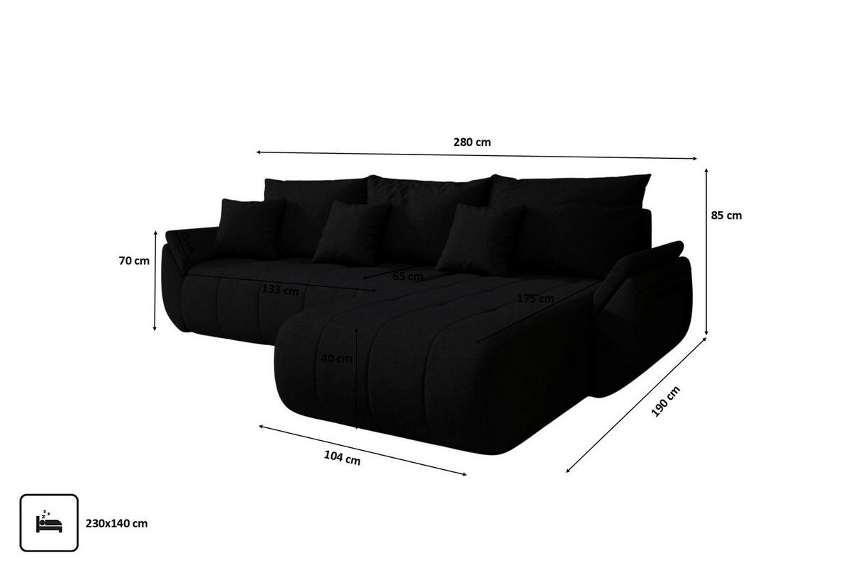 ECKSOFA Mit Schlaffunktion Und Bettkasten TOKYO, Stoff WIND, Schwarz, Rechts - Schwarz, Holz (280/190cm) - Kaiser Möbel
