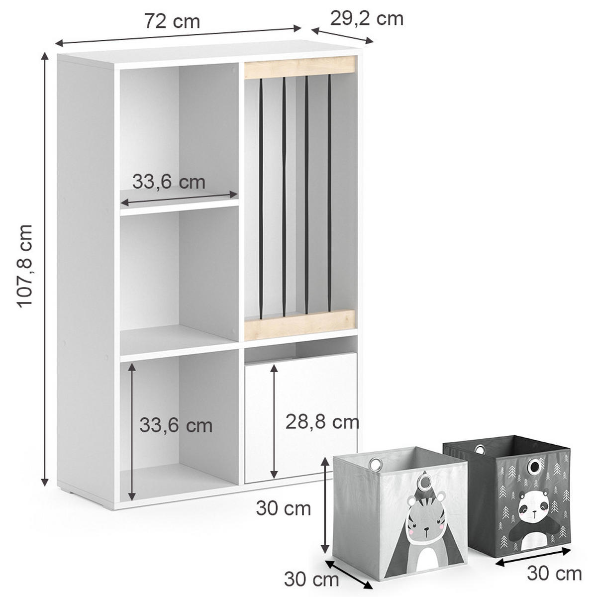 KINDERREGAL Luigi Weiß 72 x 107.8 cm mit 2 Faltboxen opt.5 - Weiß, Holzwerkstoff (29.2/107.8/72cm) - Vicco
