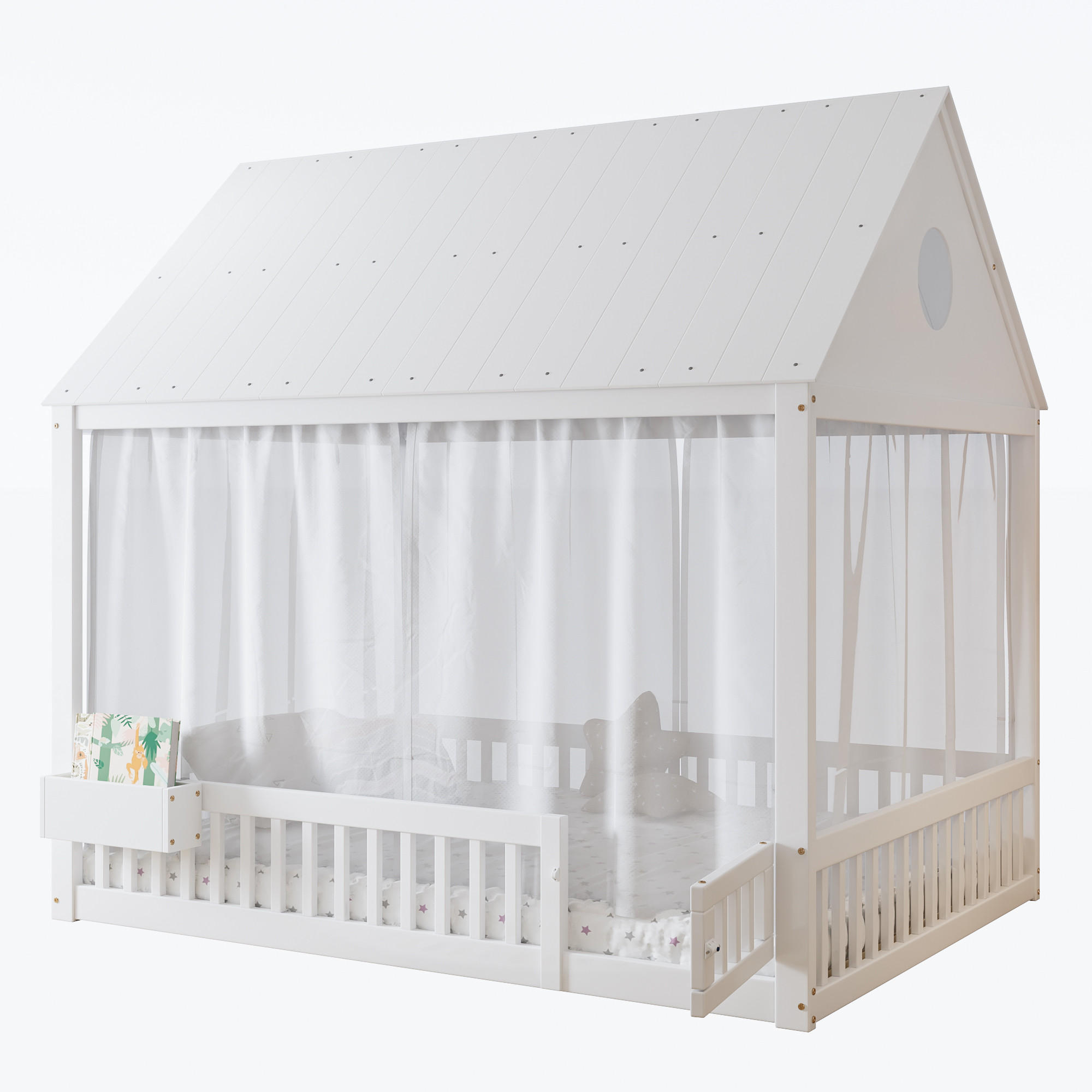 HAUSBETT 140x200 cm in Weiß mit dekorativen Vorhängeschirmen - Weiß, Holz (140/200cm) - KOMHTOM