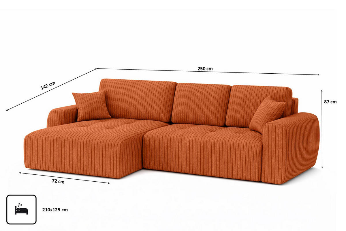 ECKSOFA Mit Schlaffunktion Und Bettkasten L-Form Ivo L, Cordstoff Poso, Kupfer, Links - Orange, Holz (250/142cm) - Kaiser Möbel
