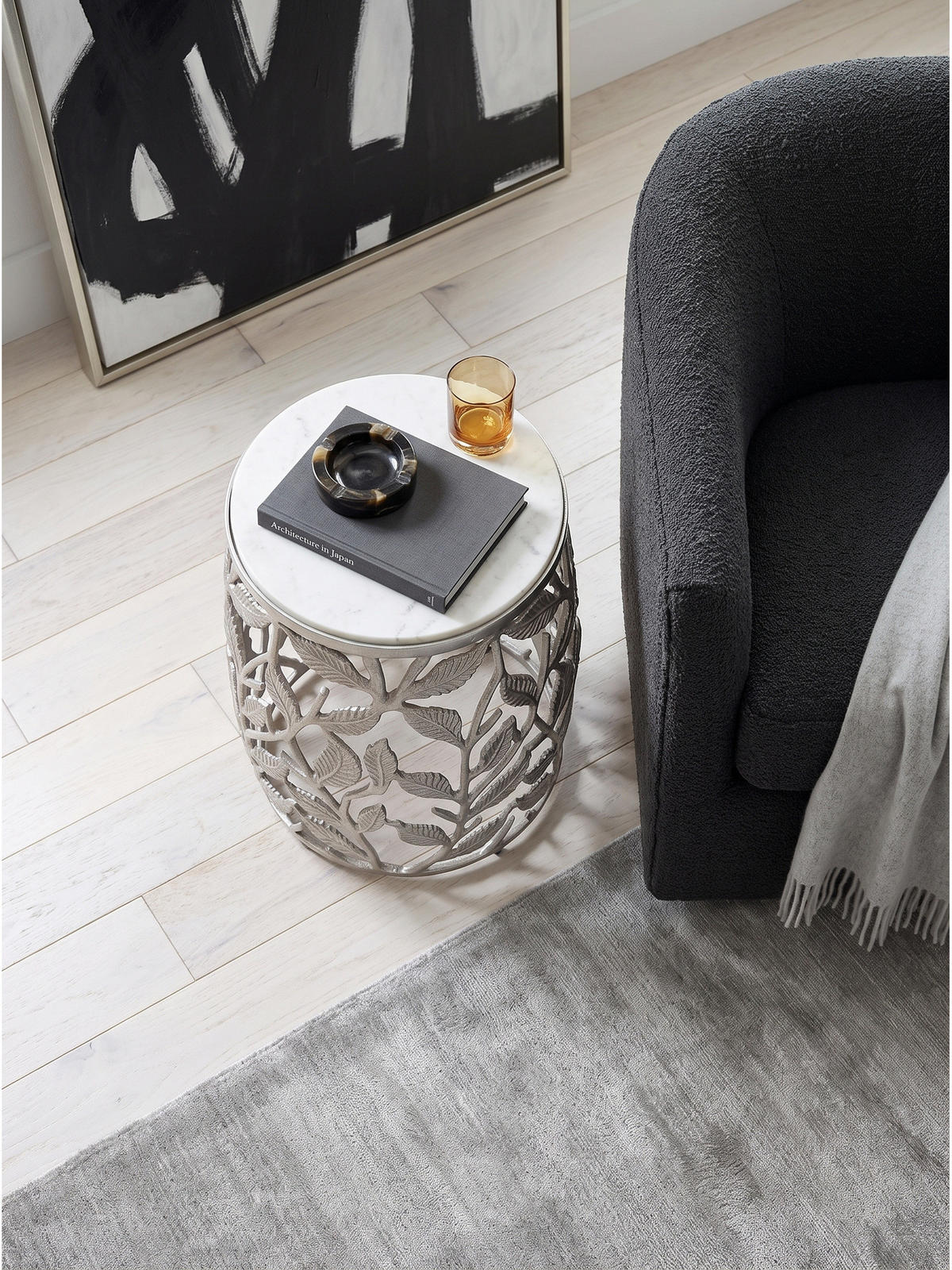 BEISTELLTISCH ALASSIO, Marmor, handgefertigt, Silber-Weiß, Ø 40 x 46 cm - Silberfarben, Stein/Metall (40/40/46cm) - KADIMA DESIGN