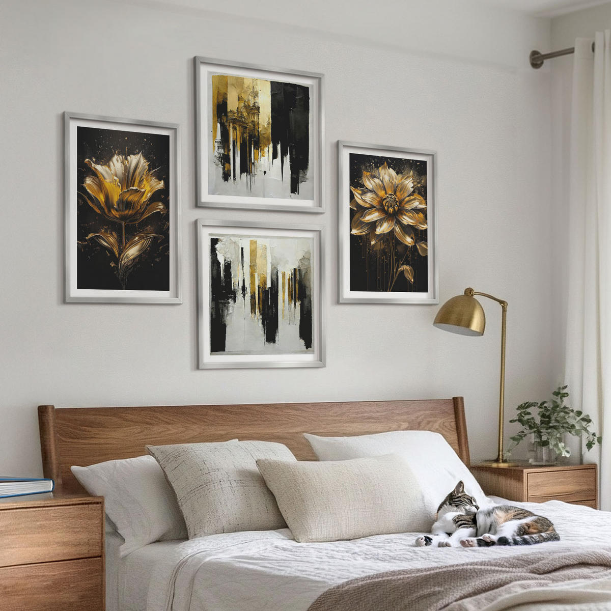 BILDER SET 4er Set - 50x50 cm & 40x60 cm Silberner Rahmen - Stilvolle moderne Blumen - Silberfarben, Kunststoff (50/50cm) - TULUP