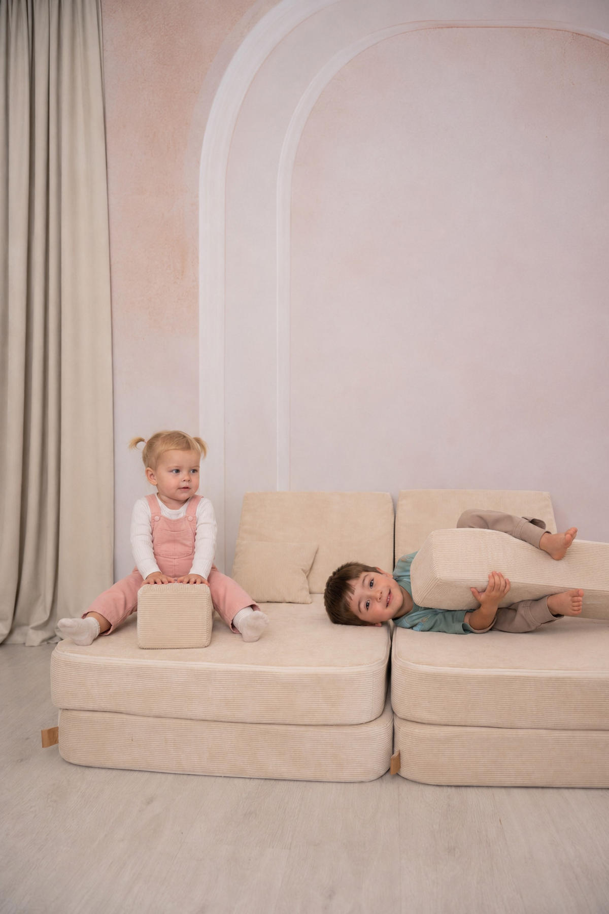 KINDERSOFA, Beige, 80x160x24cm, Cordsamt, Modular, Schaumstoff - Beige, Textil (160/24/80cm) - AngeLove