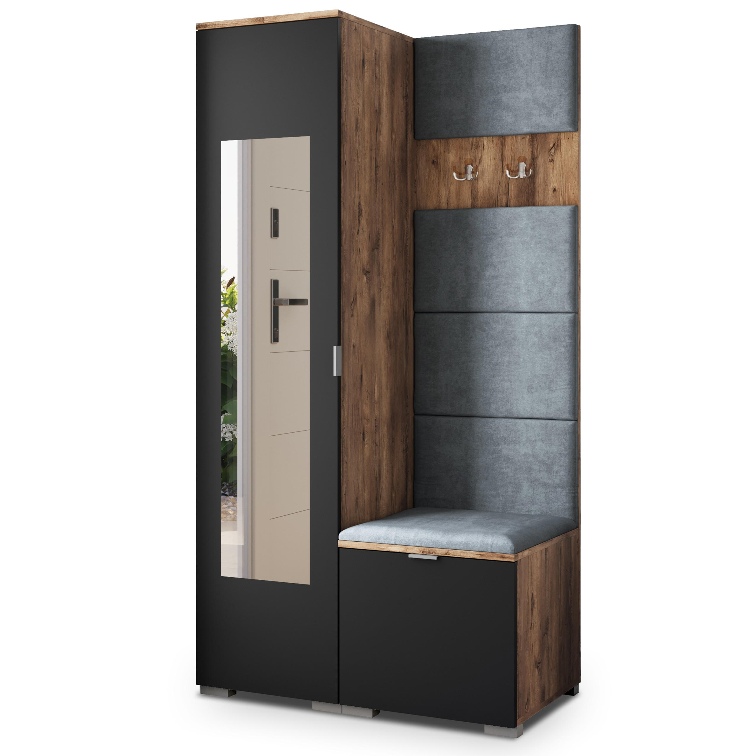 Masseno Garderobenschrank Eiche, Schwarz, Grau 95x181x51 cm