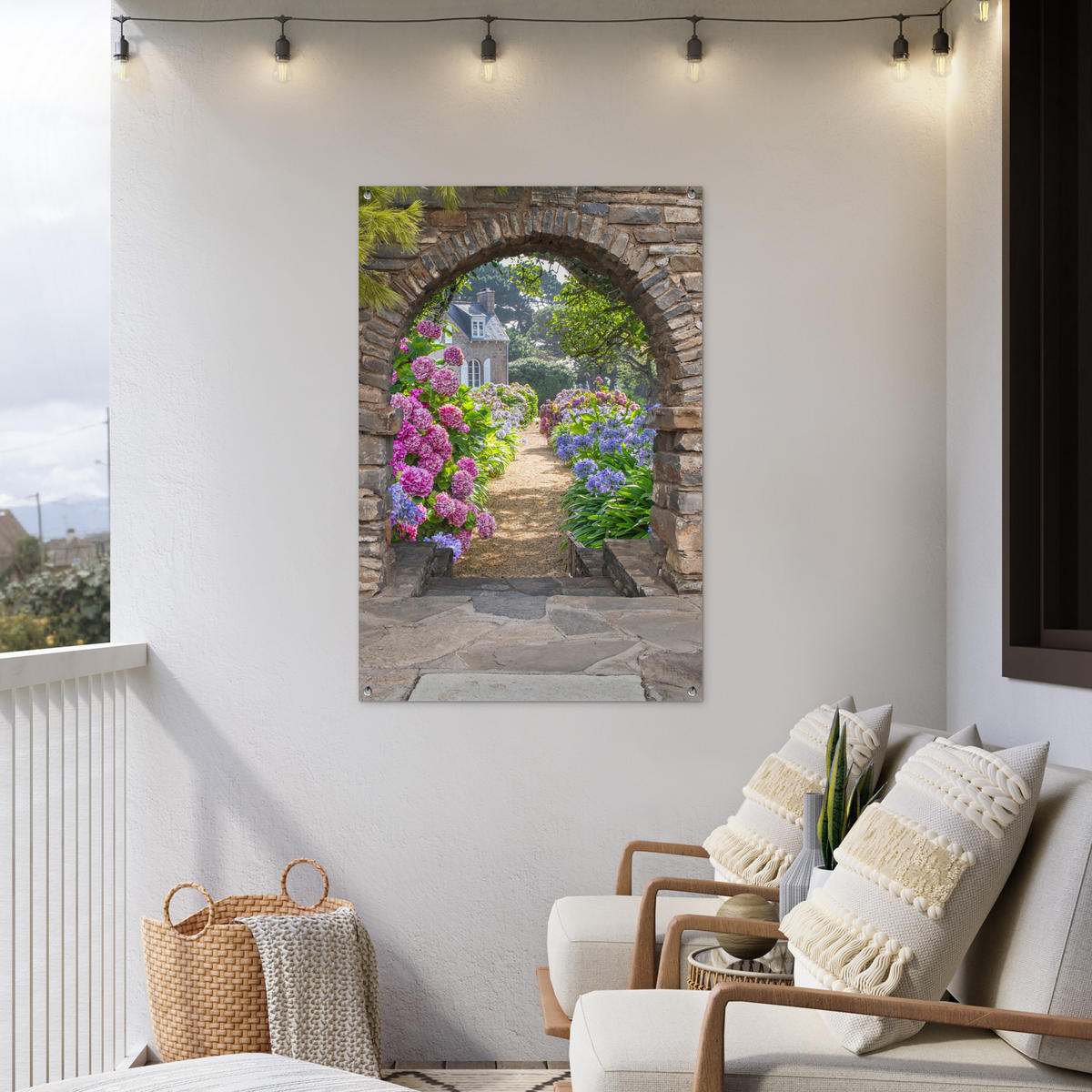 ZAHRADNÍ PLAKÁT Květiny - pohled - hortenzie - léto 80x120 cm - hnědá, plast (80/120/0.2cm) - OnlyWow