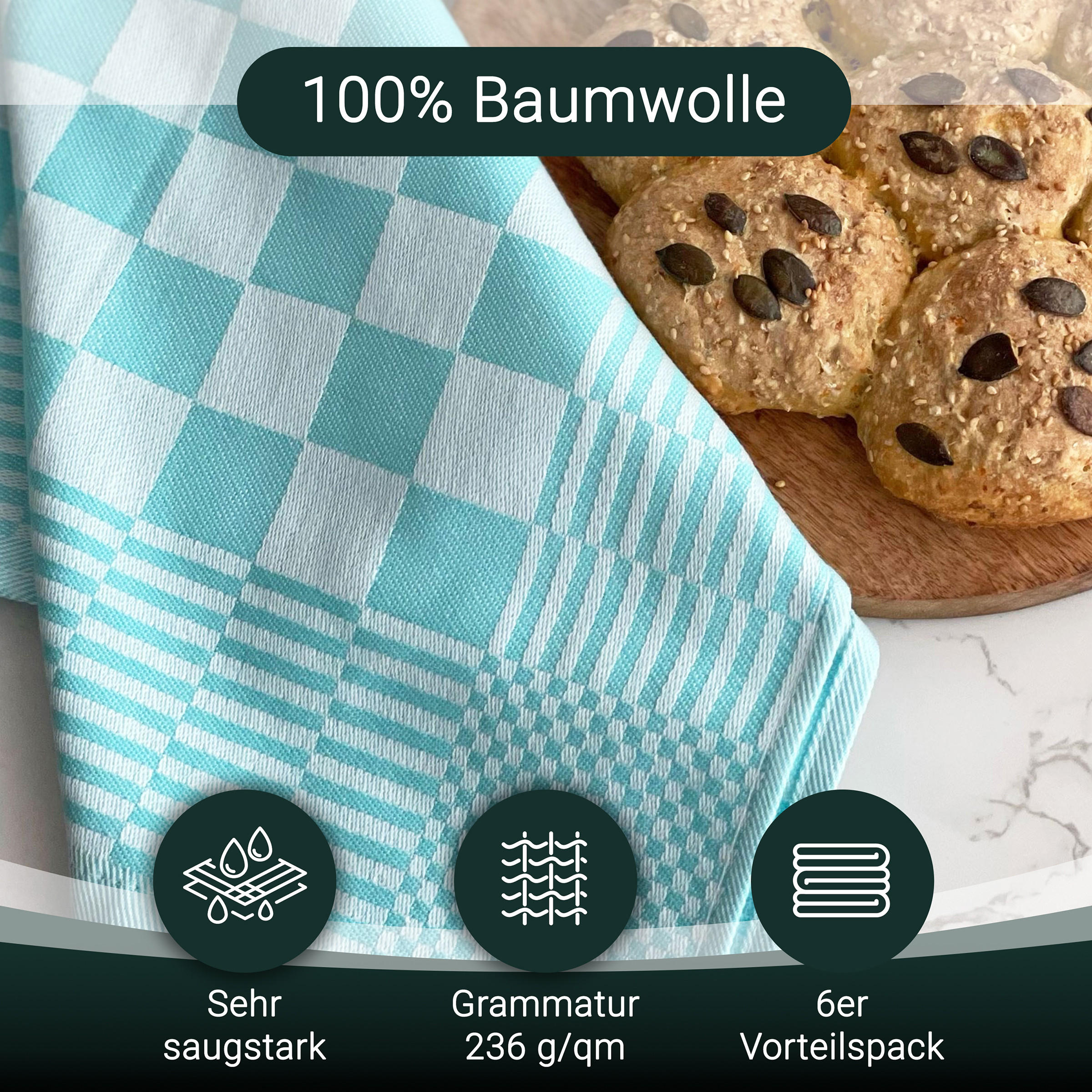 GESCHIRRTÜCHER, 6er-Set, 65x65 cm, 100% Baumwolle, Grün - Grün, Textil (65/65cm) - Zollner