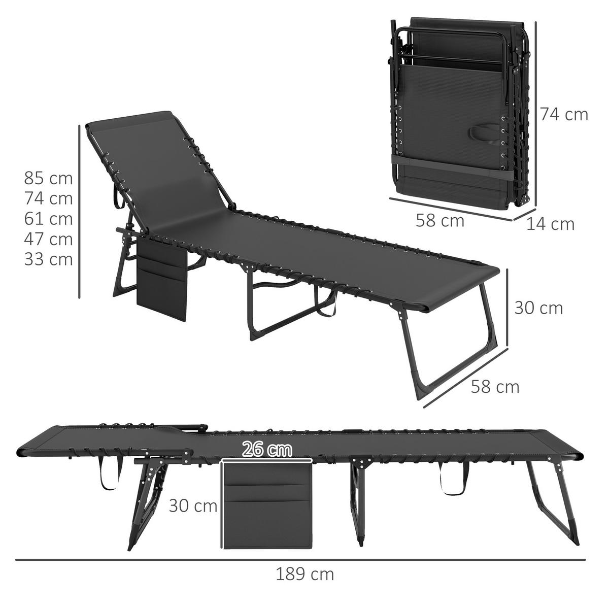 SONNENLIEGE DE-15646 5-fach verstellbar, 189 cm Liegelänge Schwarz - Schwarz, Metall (58/32.5/189cm) - ComfortXL