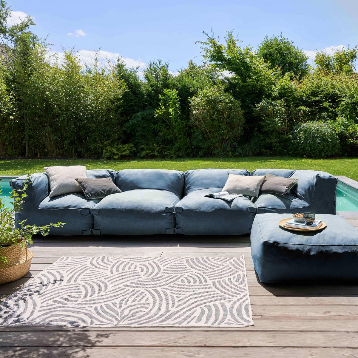 GARTENSOFA mit 5 Sitzplätzen, Pazifikblau - Blau, Textil (85/65/340cm) - Oviala