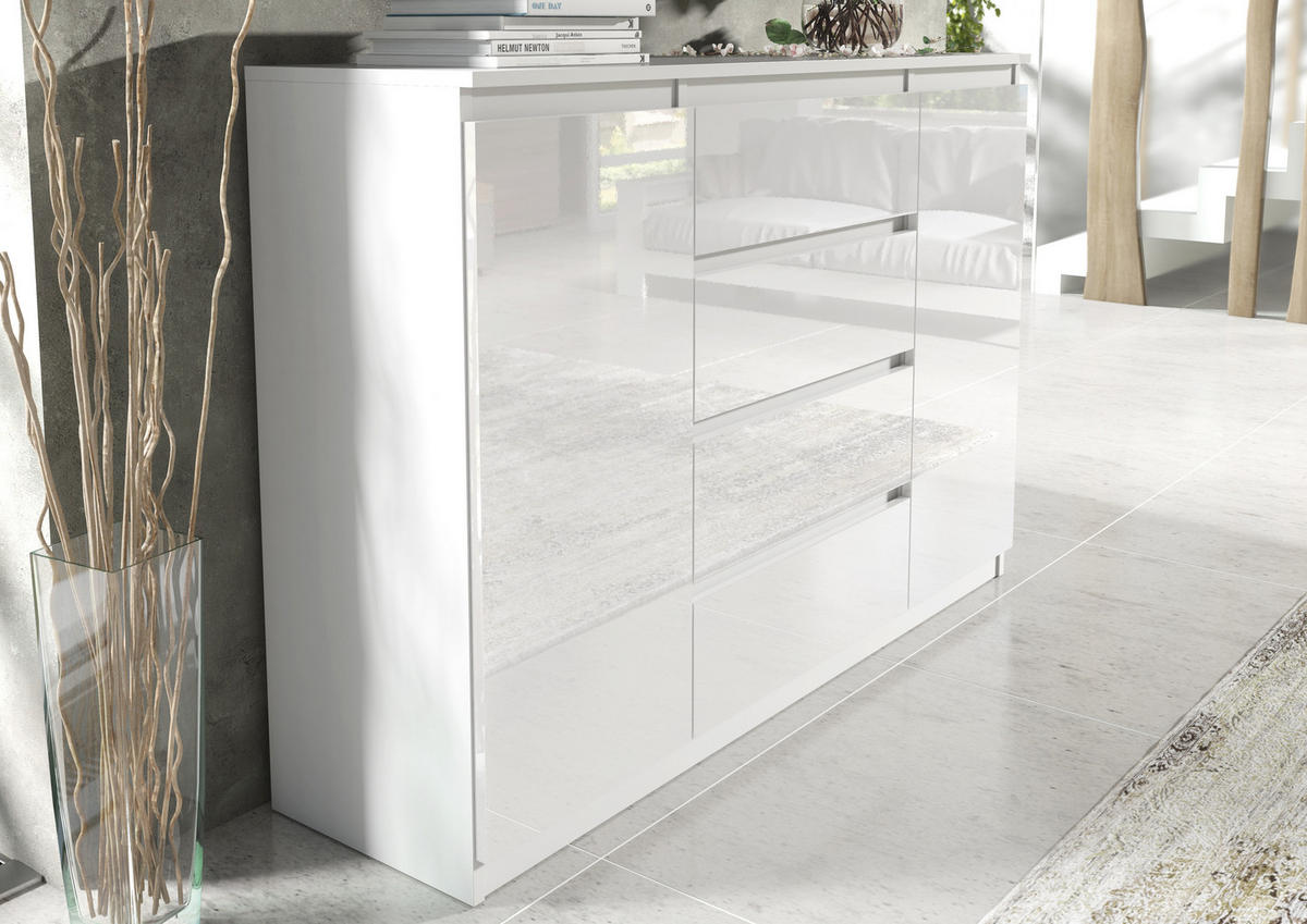 KOMMODE NUDO 138,5/101,5/39cm mit 4 Schubladen 2 Türen Weiß - Weiß Hochglanz/Weiß, Holzwerkstoff (138.5/101.5/39cm) - MASSENO