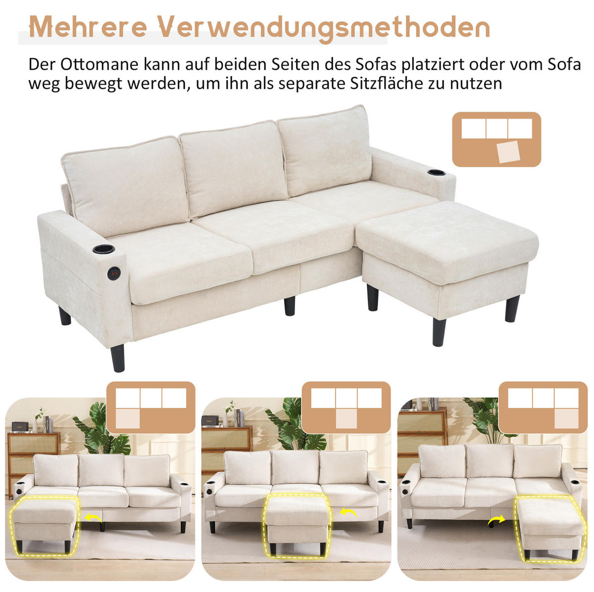 SOFA mit Hocker und USB 202 x 137 cm Leinen Beige - Beige, Textil (202/137cm) - IVMEU