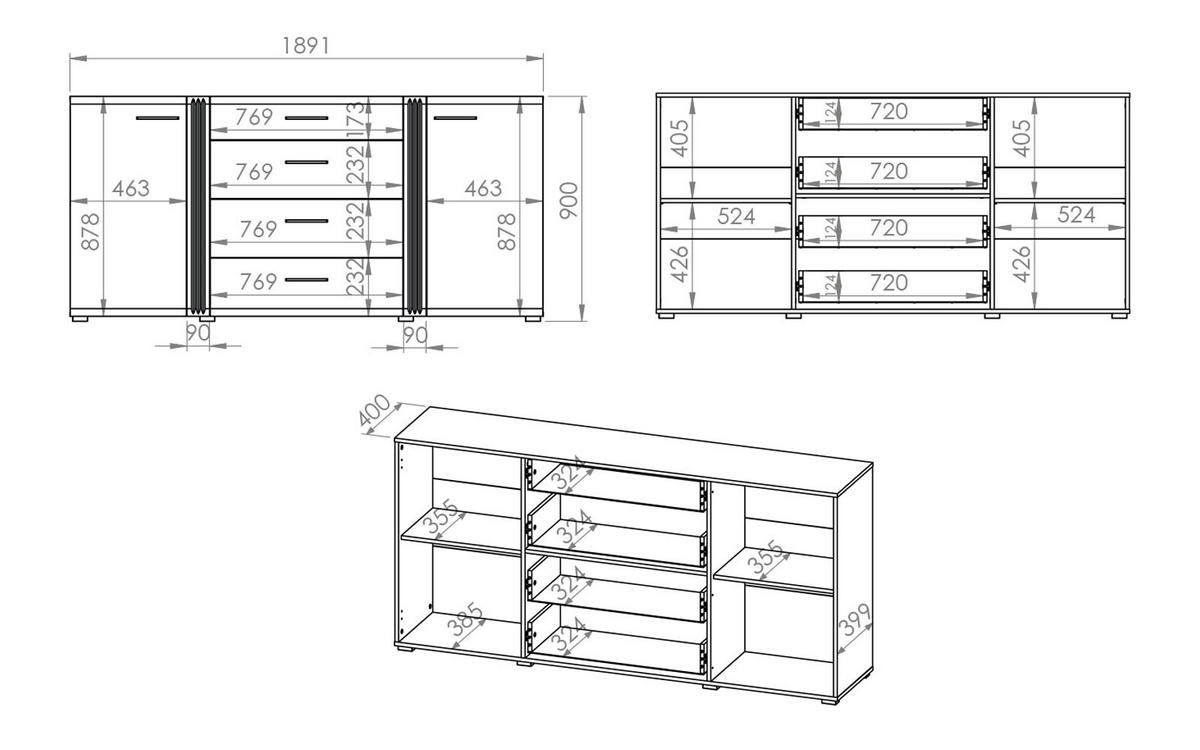 SIDEBOARD Adagio weiß Hochglanz / Eiche castello 190 / 42 / 90cm - Weiß/Braun, Holz/Holzwerkstoff (190/90/42cm) - Feldmann-Wohnen
