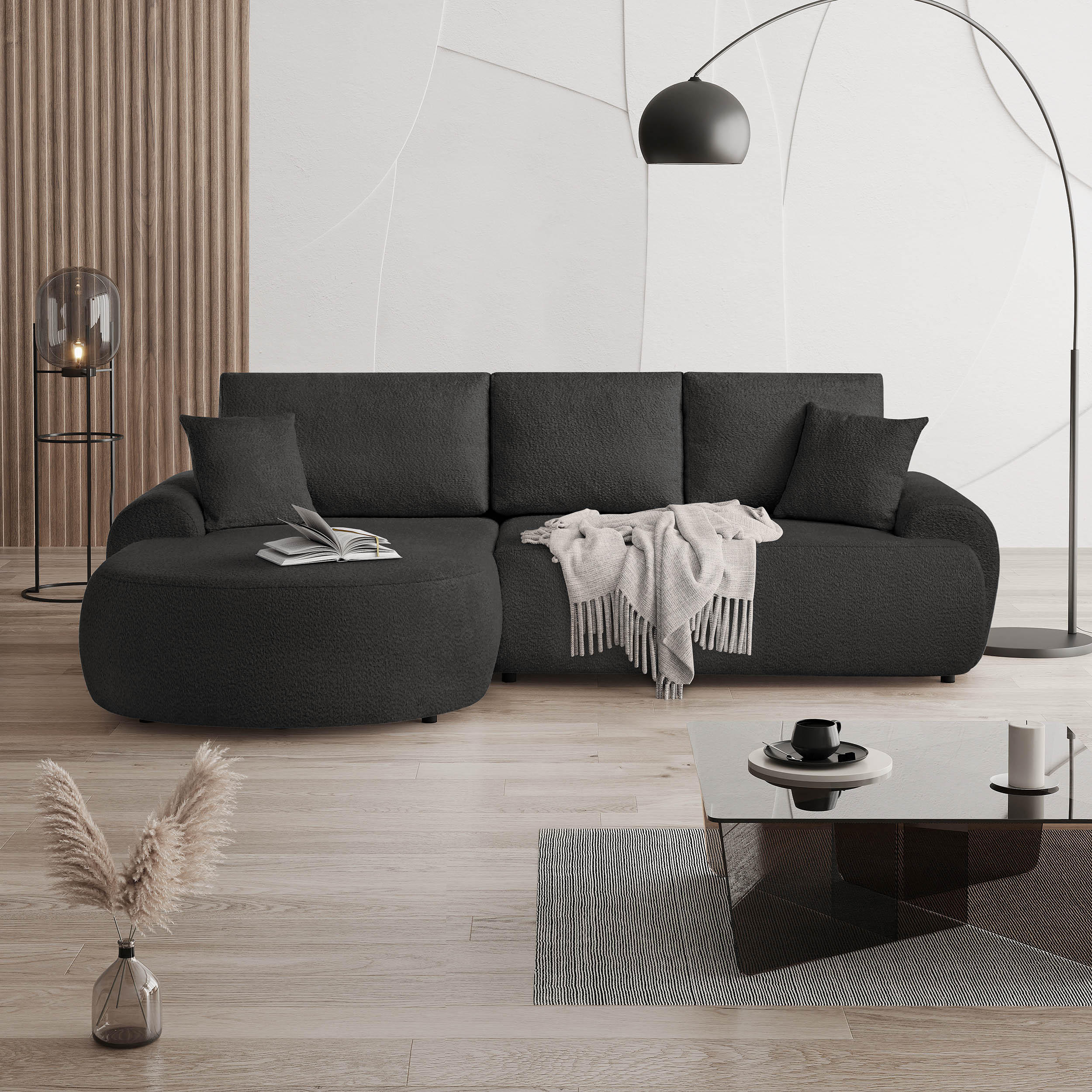 ECKSOFA Teddy L Schwarz, Bouclé-Stoff, links - Schwarz, Textil (270/170cm) - Beautysofa