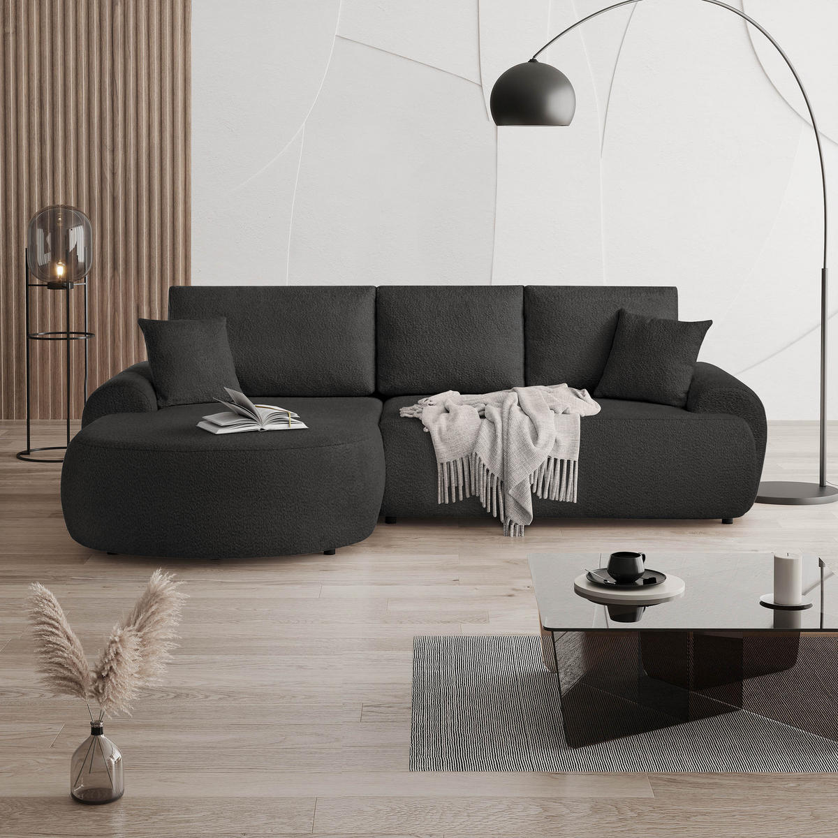 ECKSOFA Teddy L Schwarz, Bouclé-Stoff, links - Schwarz, Textil (270/170cm) - Beautysofa