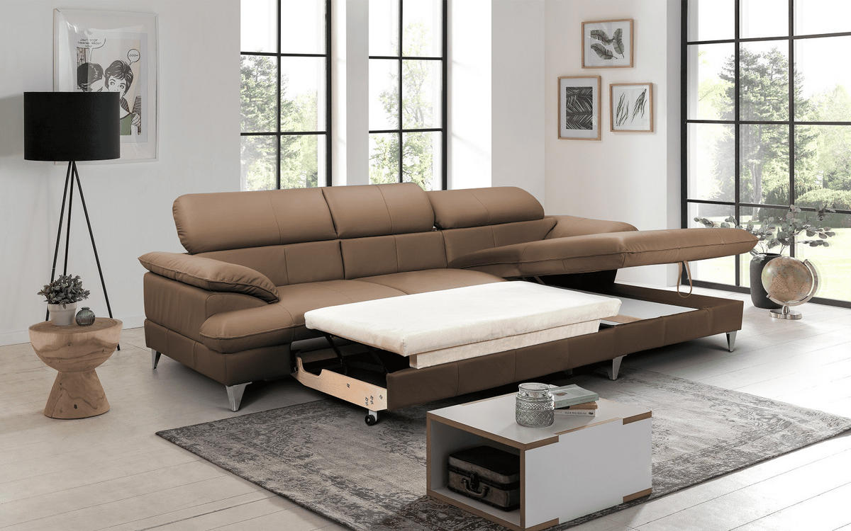 ECKSOFA mit Schlaffunktion und Bettkasten, Echtleder - Chromfarben/Hellbraun, Leder/Holz (167/254cm) - Cotta