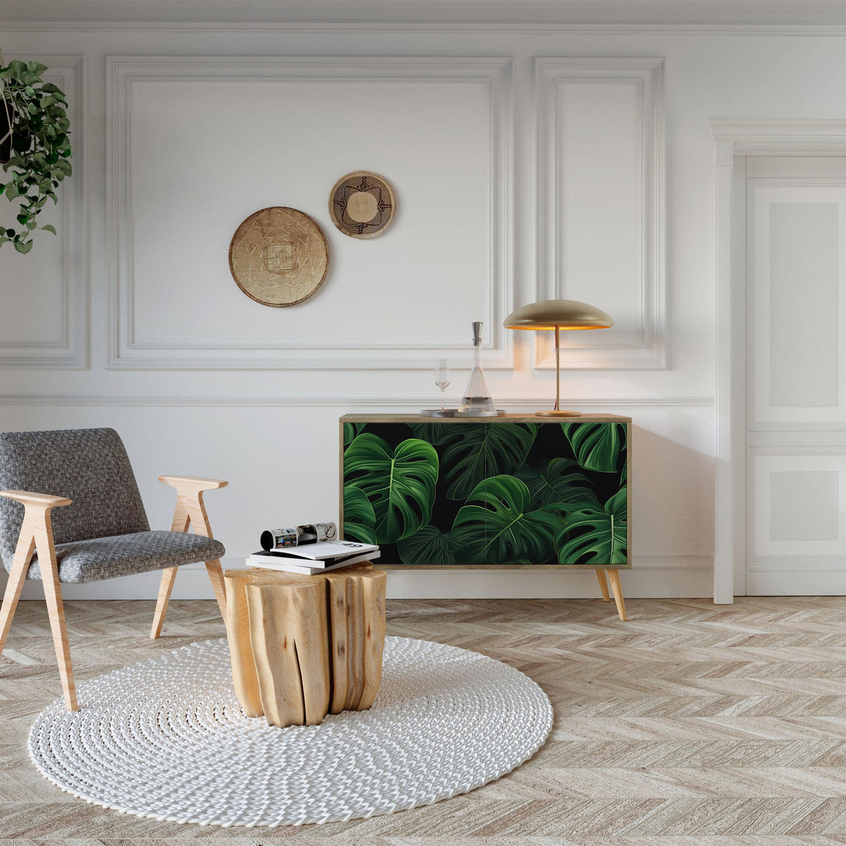 SIDEBOARD INFINITE MONSTERA, Eicheneffekt, 111x42x77,5 cm, 2 Türen - Eichefarben/Buchefarben, Holzwerkstoff/Buchenholz (111/77.5/42cm) - SpaceRebels