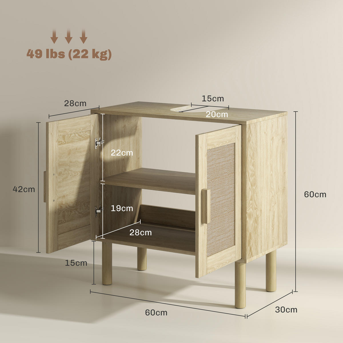 WASCHBECKENUNTERSCHRANK DE-15898 U-Aussparung, 2 Ebenen mit Rattantüren Eiche - Eichefarben, Holzwerkstoff (60/60/30cm) - ComfortXL