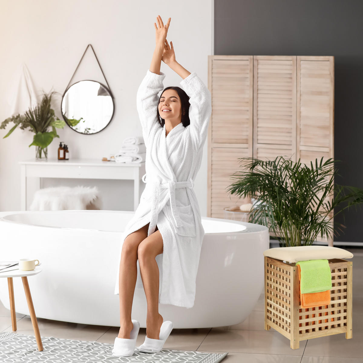 KÔŠ na prádlo - svetlohnedá, drevo/textil (39/50/39cm) - Relaxdays