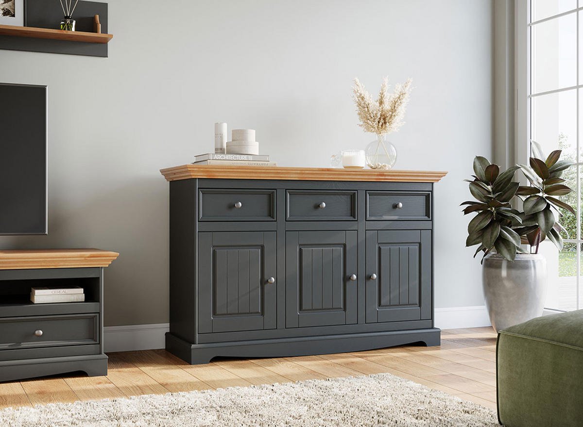 KOMMODE Belluno Elegante Kiefer Natur gebeizt / basaltgrau (RAL7012) lackiert 130 / 45 / 85cm - Grau/Kieferfarben, Holz/Metall (130/85/45cm) - Feldmann-Wohnen