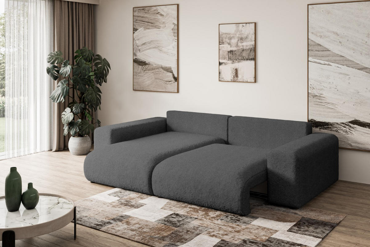 ECKSOFA mit Schlaffunktion und Bettkasten ESKAR-L 256x165x84cm Grau Bouclé - Schwarz/Grau, Holzwerkstoff/Kunststoff (165/256cm) - ALTDECOR