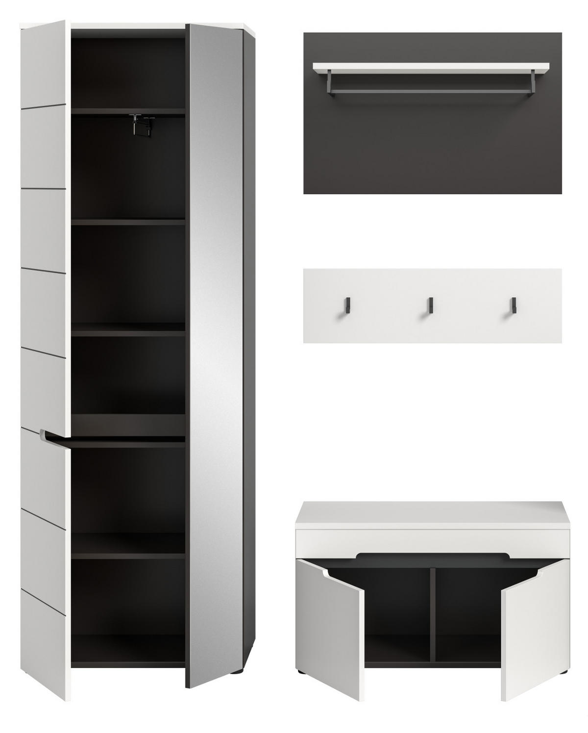 GARDEROBEN-SET 4-teilig in weiß, grau 160 cm, Garderobenkombination mit Soft-Close, Cooper - Schwarz/Weiß, Glas/Holzwerkstoff (160/190/37cm) - Inn.Furn