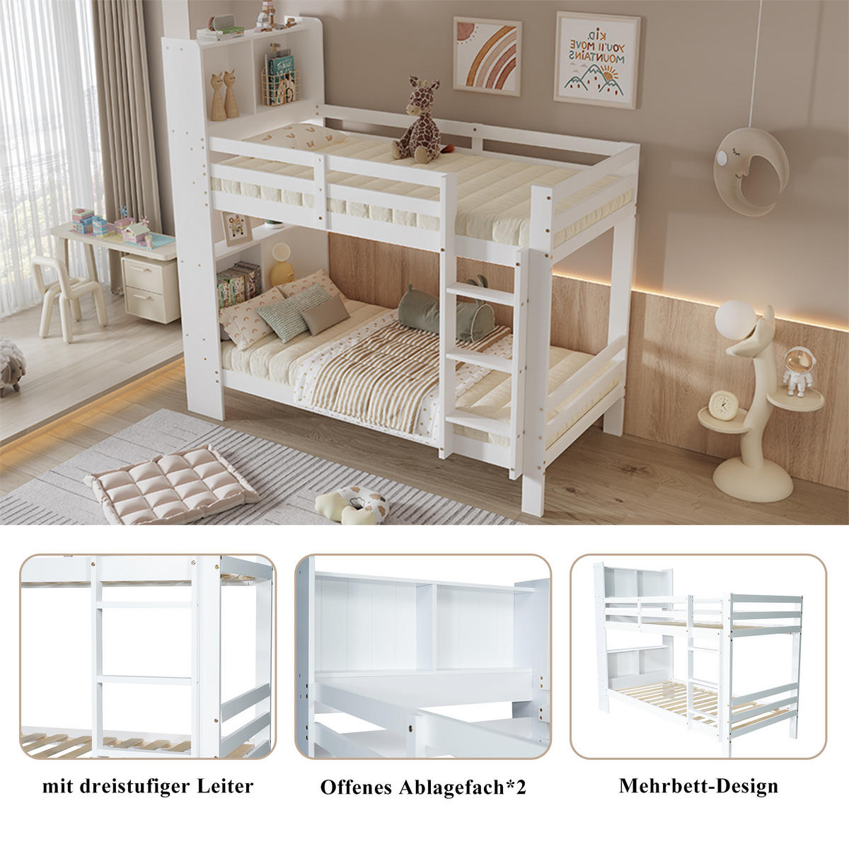 ETAGENBETT 90/200 cm Weiß mit Regalen und dreistufiger - Weiß, Holz (90/200cm) - Oxeza