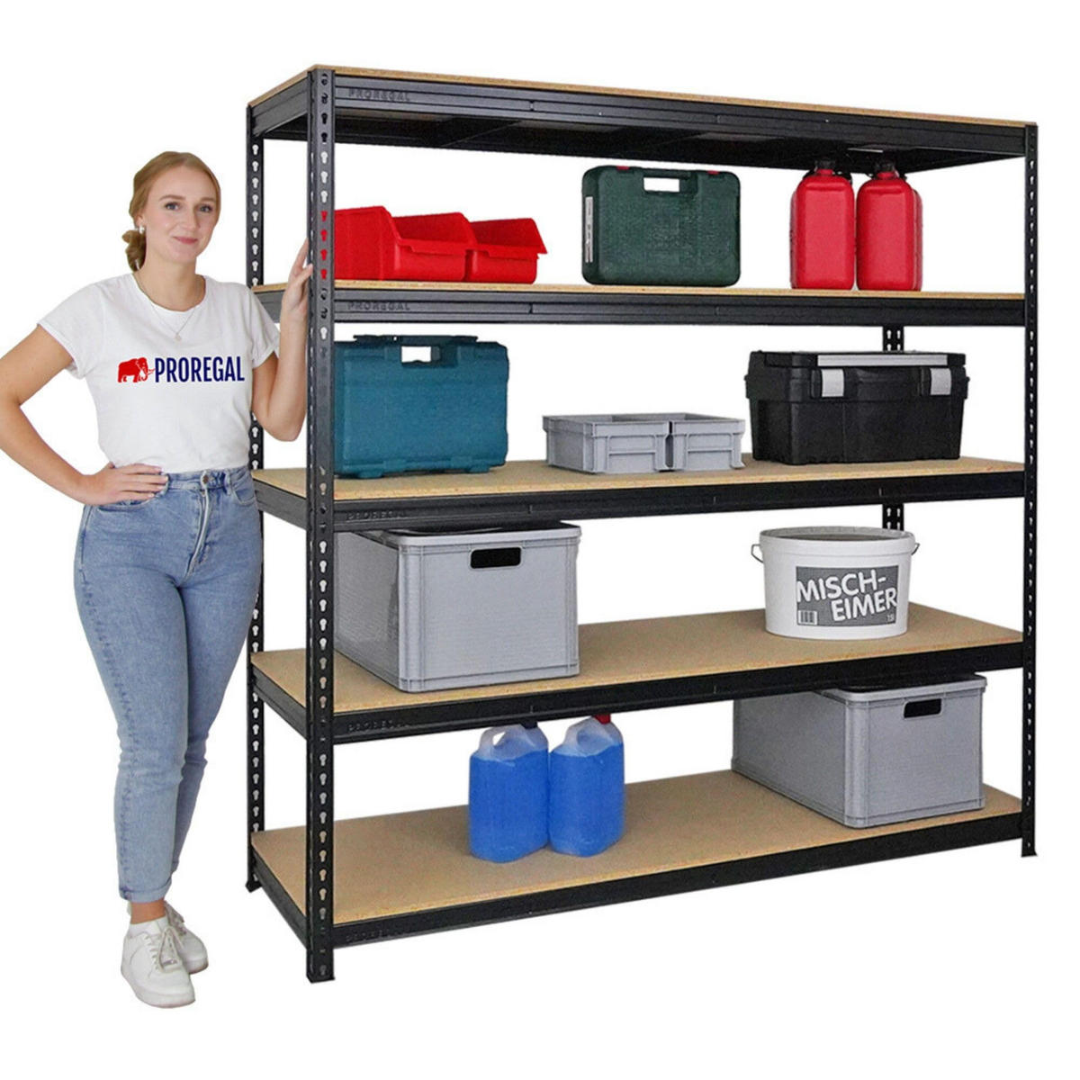 SCHWERLASTREGAL Bison 200x200x60 cm 5 Spanplatten-Ebenen 16mm Fachlast 600 kg Schwarz - Schwarz, Metall (200/200/60cm) - PROREGAL