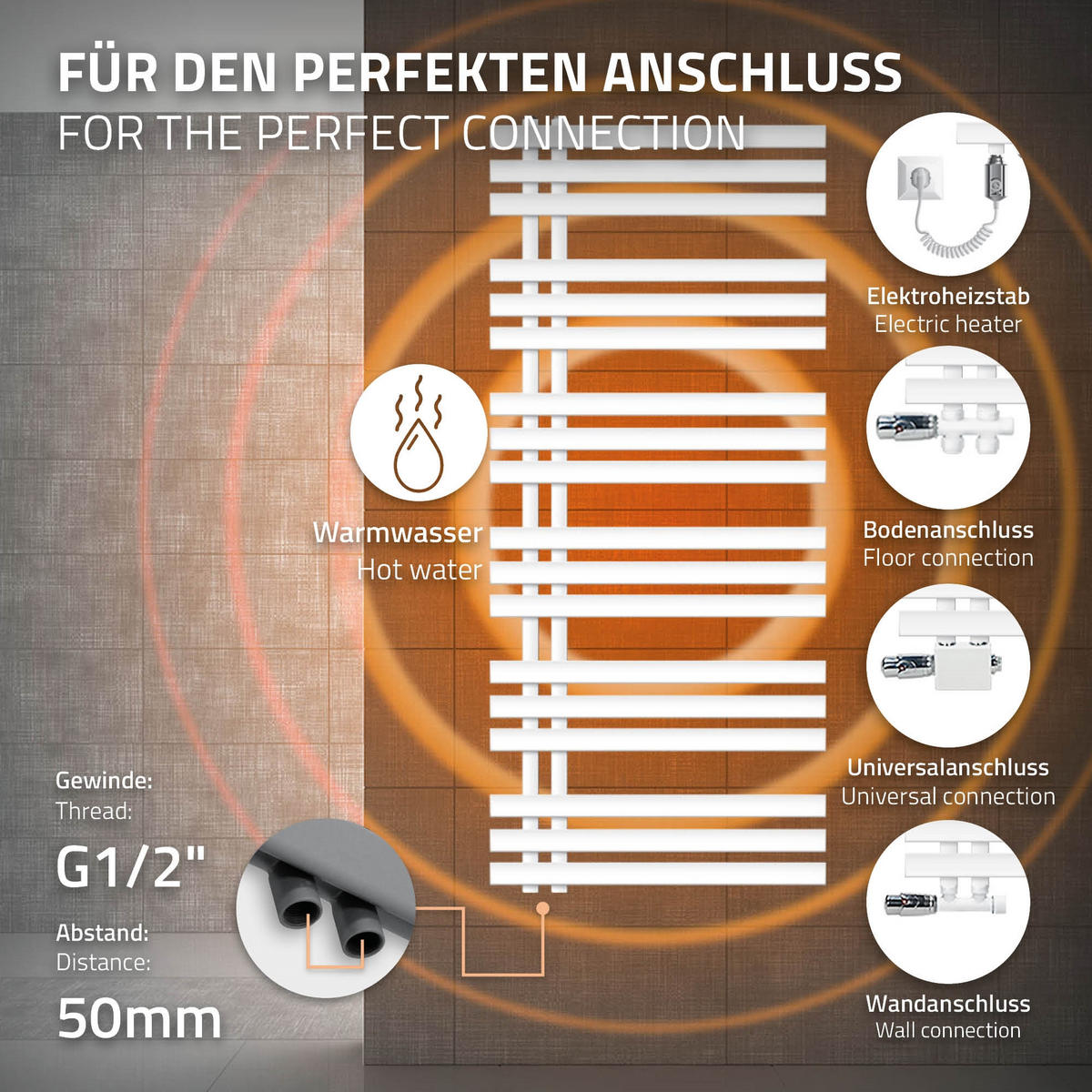 BADHEIZKÖRPER elektrisch Iron EM 600x1400 mm Weiß mit Heizstab 900W - Weiß, Metall (60/140/3cm) - LuxeBath