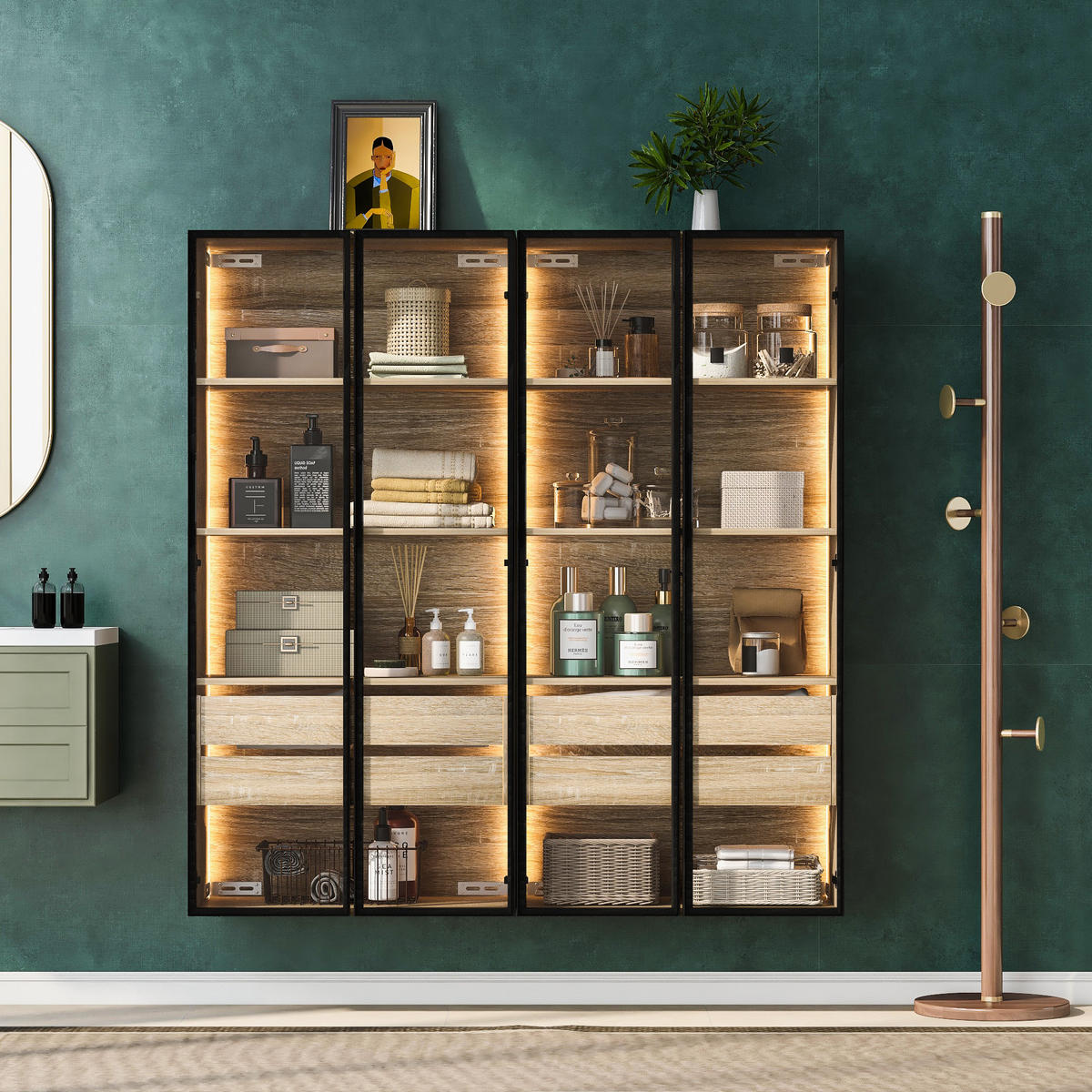 MIDISCHRANK 2er-Set Badezimmerschränke 73 cm aus MDF mit LED-Beleuchtung und Milchglastüren Natur - Naturfarben, Holzwerkstoff (74/155/36cm) - Modenvie