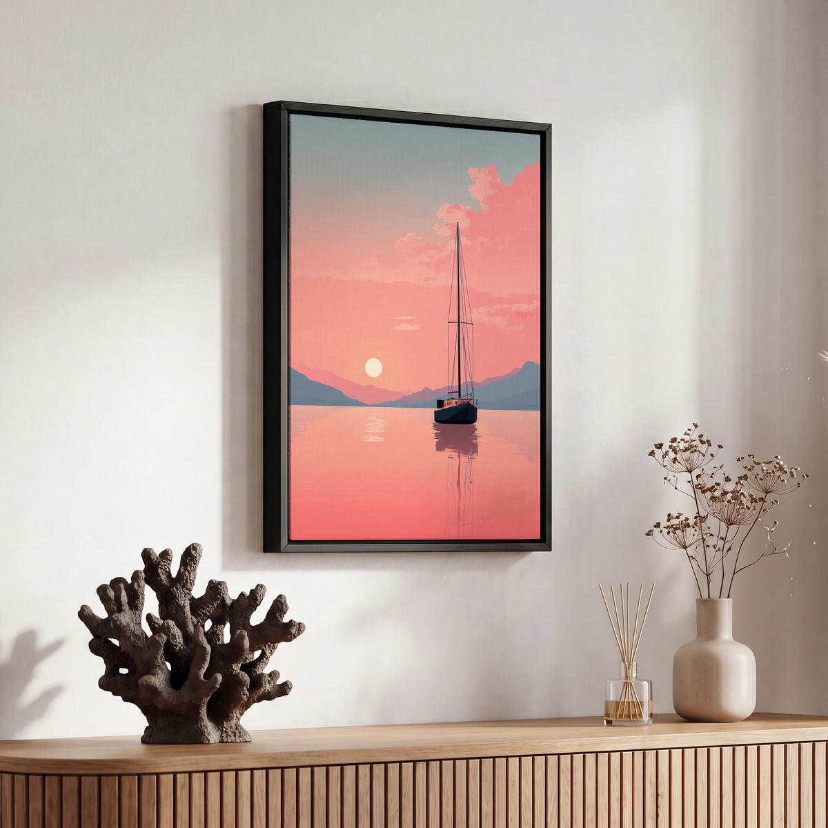 LEINWAND Bilder mit Rahmen - Segelboot - Rosa Meer - Sonnenuntergang - Berge - 20x30 - Rosa, Textil (20/30cm) - MuchoWow