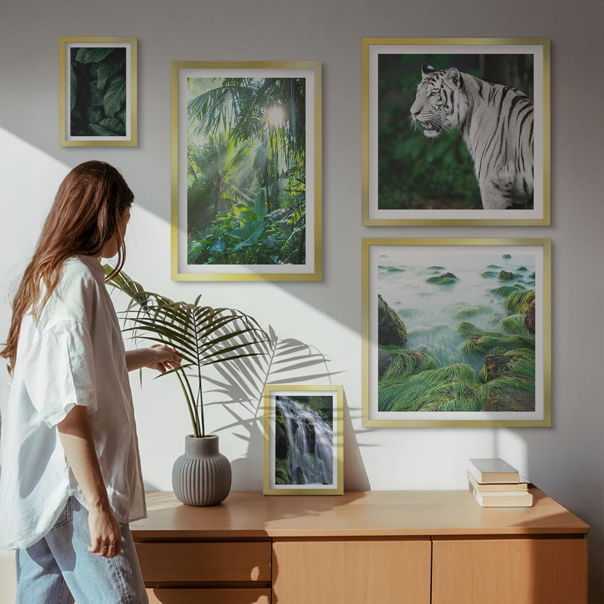 WANDBILDER 5er Set - 50x50 cm & 20x30 cm & 40x60 cm Goldrahmen - Blätter und Blüten in verschiedenen Farben - Goldfarben, Kunststoff (40/60cm) - ArtPrintCave